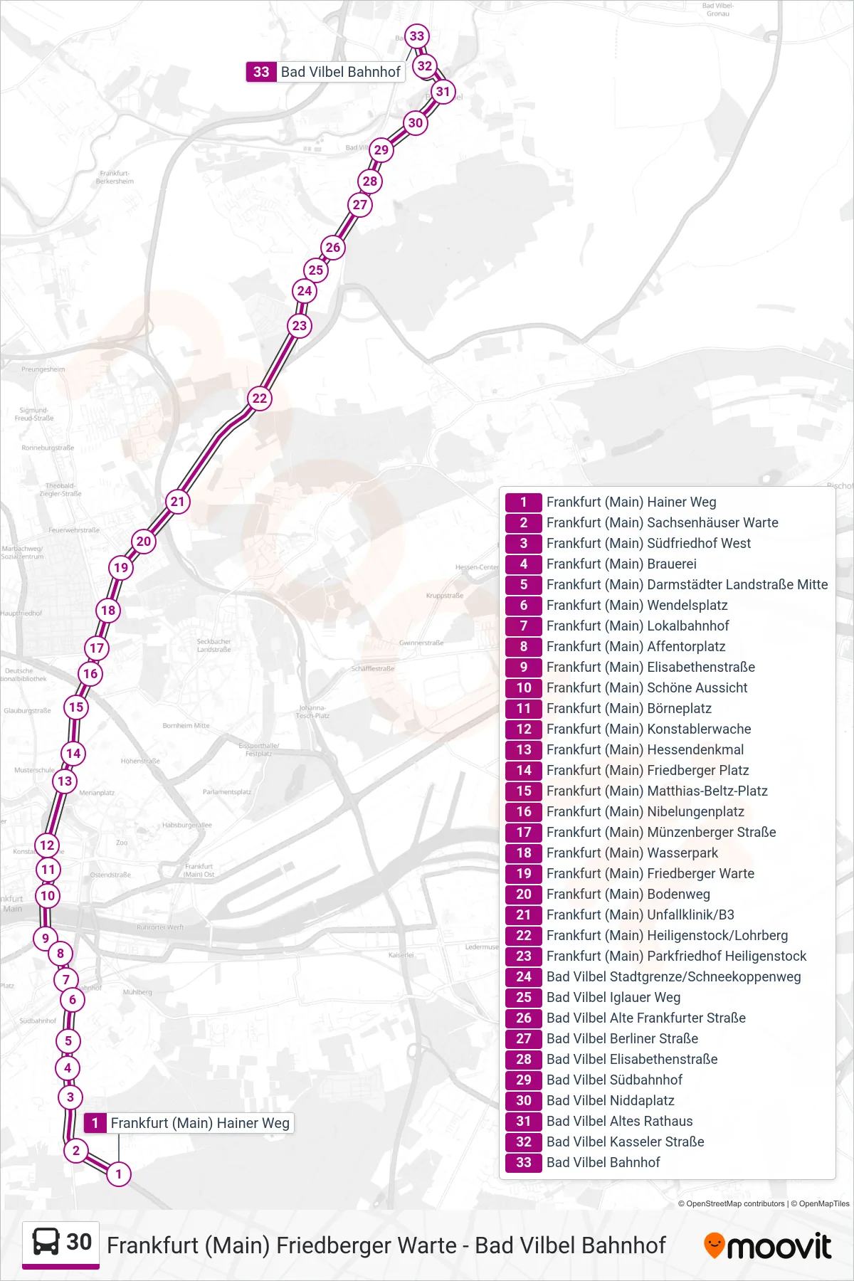 30 bus Line (Bad Vilbel Bahnhof) route and stops on a map