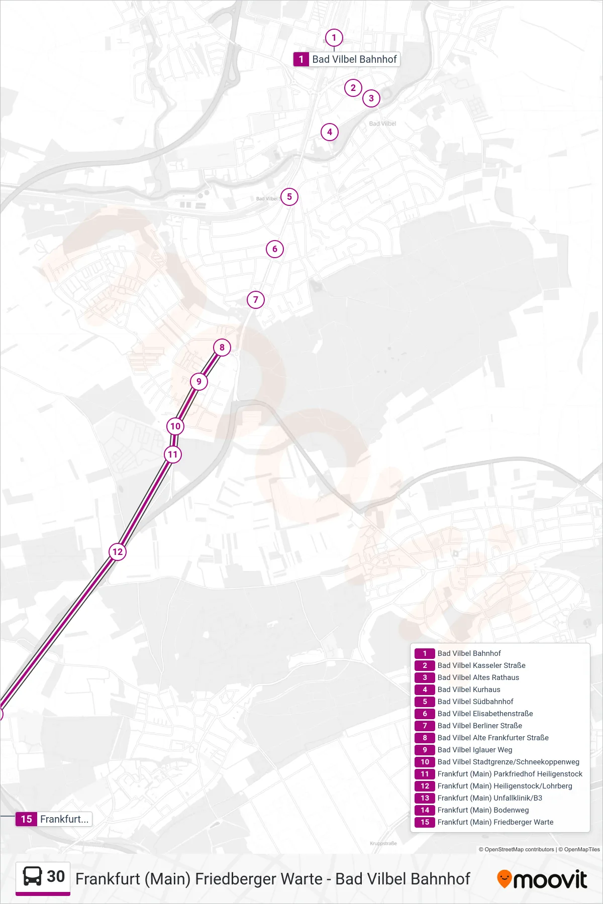 30 bus Line (Frankfurt (Main) Friedberger Warte) route and stops on a map