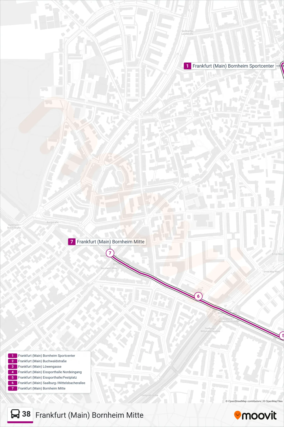38 bus Line (Frankfurt (Main) Bornheim Mitte) route and stops on a map