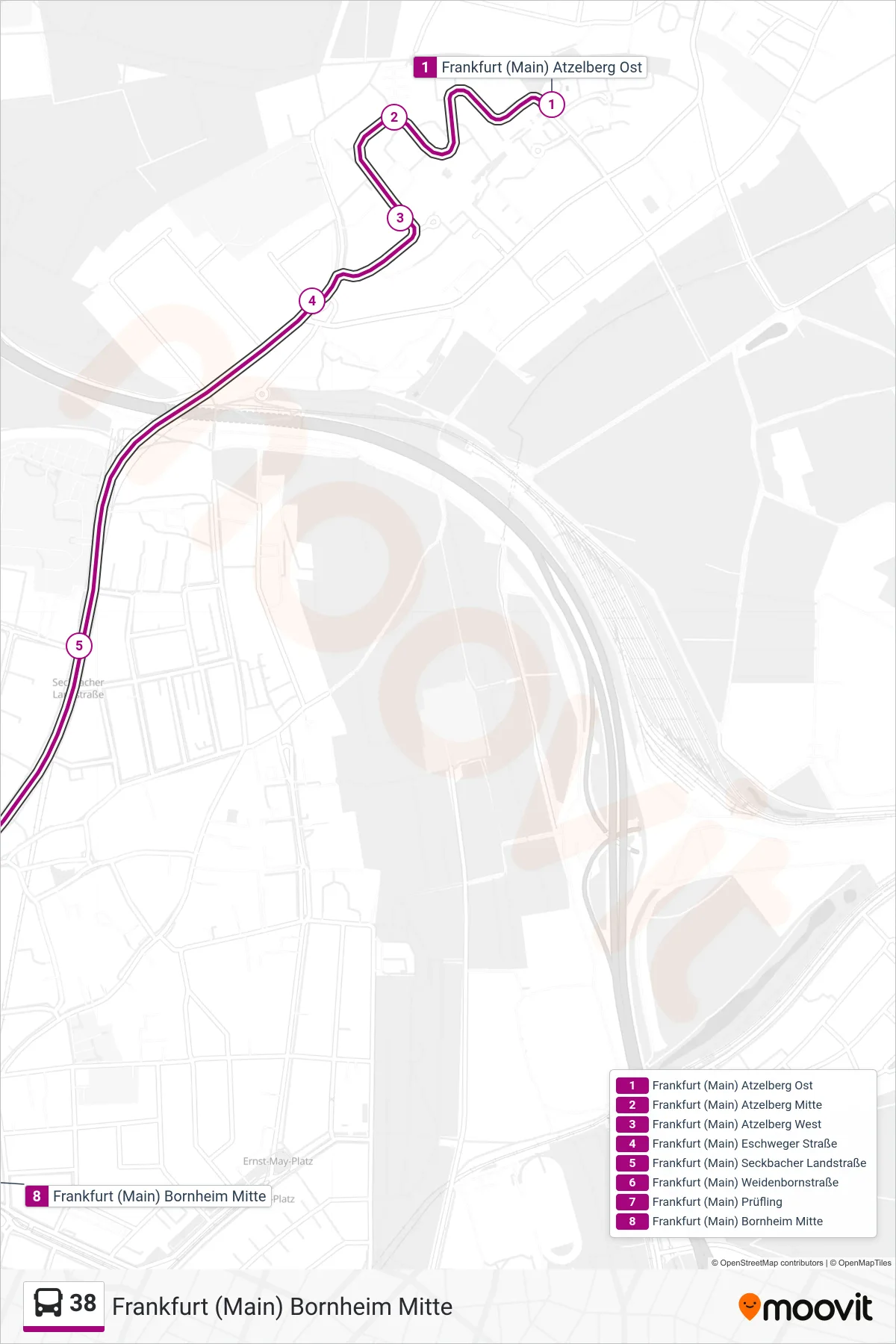 Linie 38 (Bus) Richtung Frankfurt (Main) Bornheim Mitte: Route und Haltestellen auf der Karte