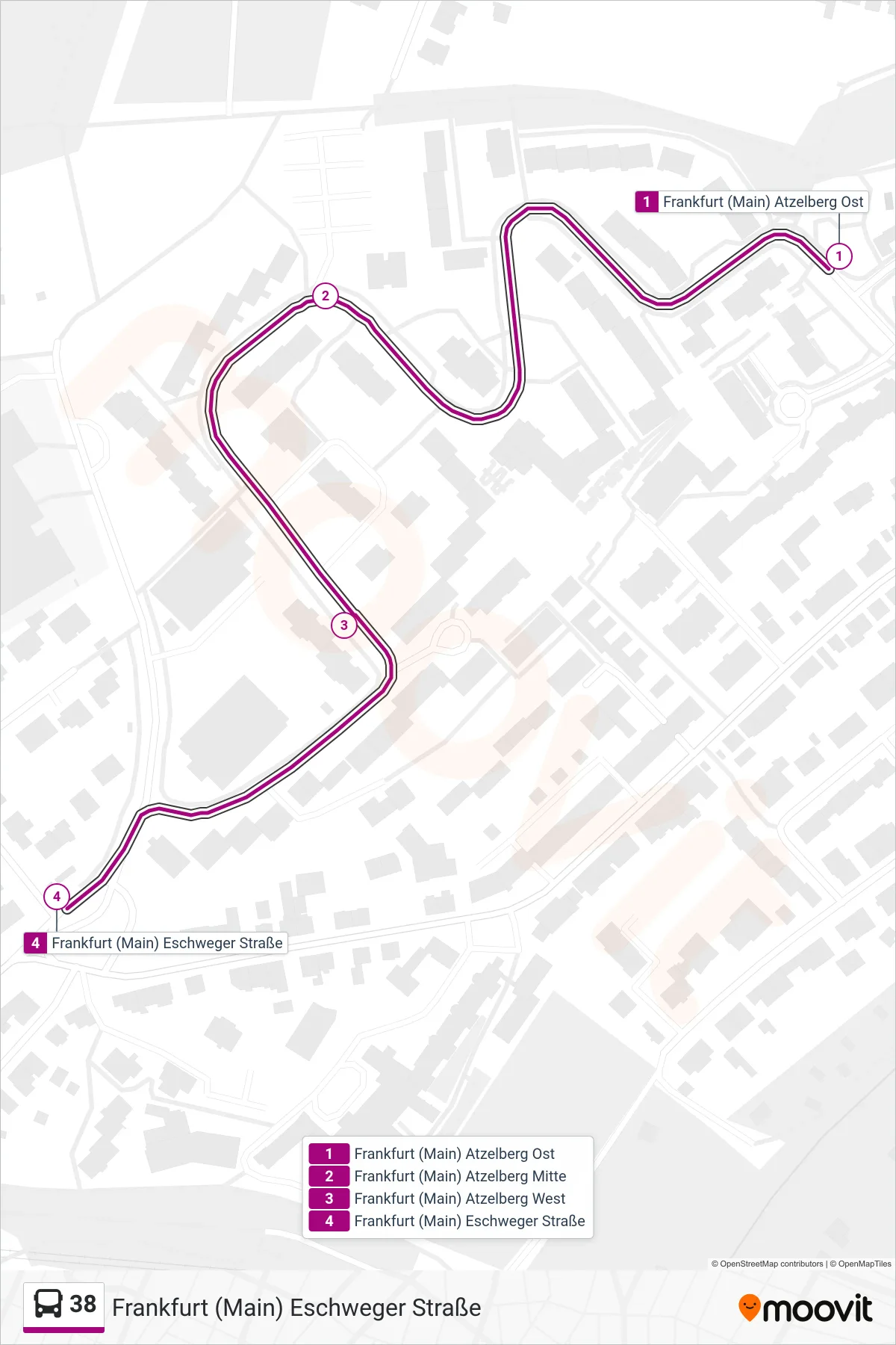 38 bus Line (Frankfurt (Main) Eschweger Straße) route and stops on a map