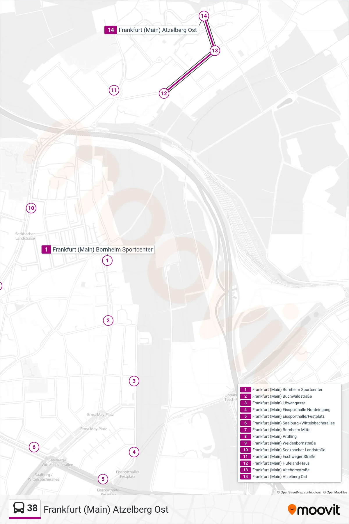38 bus Line (Frankfurt (Main) Atzelberg Ost) route and stops on a map