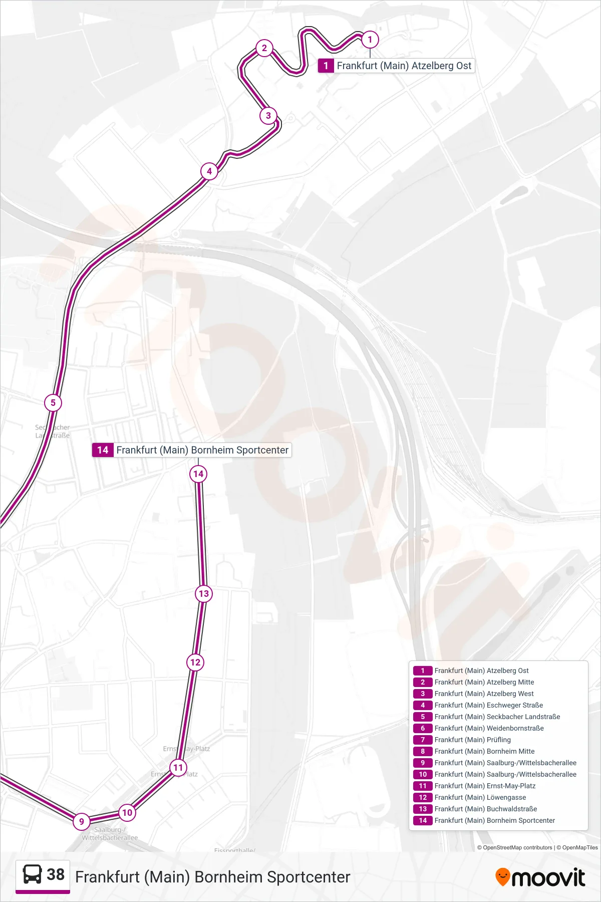 38 bus Line (Frankfurt (Main) Bornheim Sportcenter) route and stops on a map