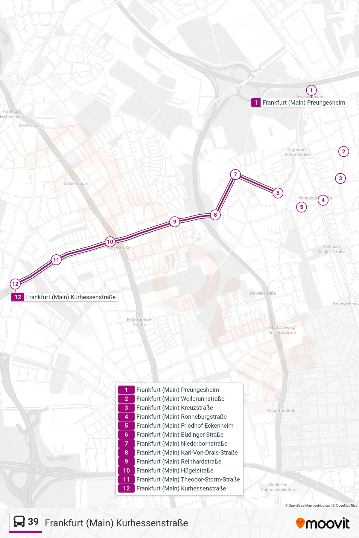 Linie 39 (Bus) Richtung Frankfurt (Main) Kurhessenstraße: Route und Haltestellen auf der Karte