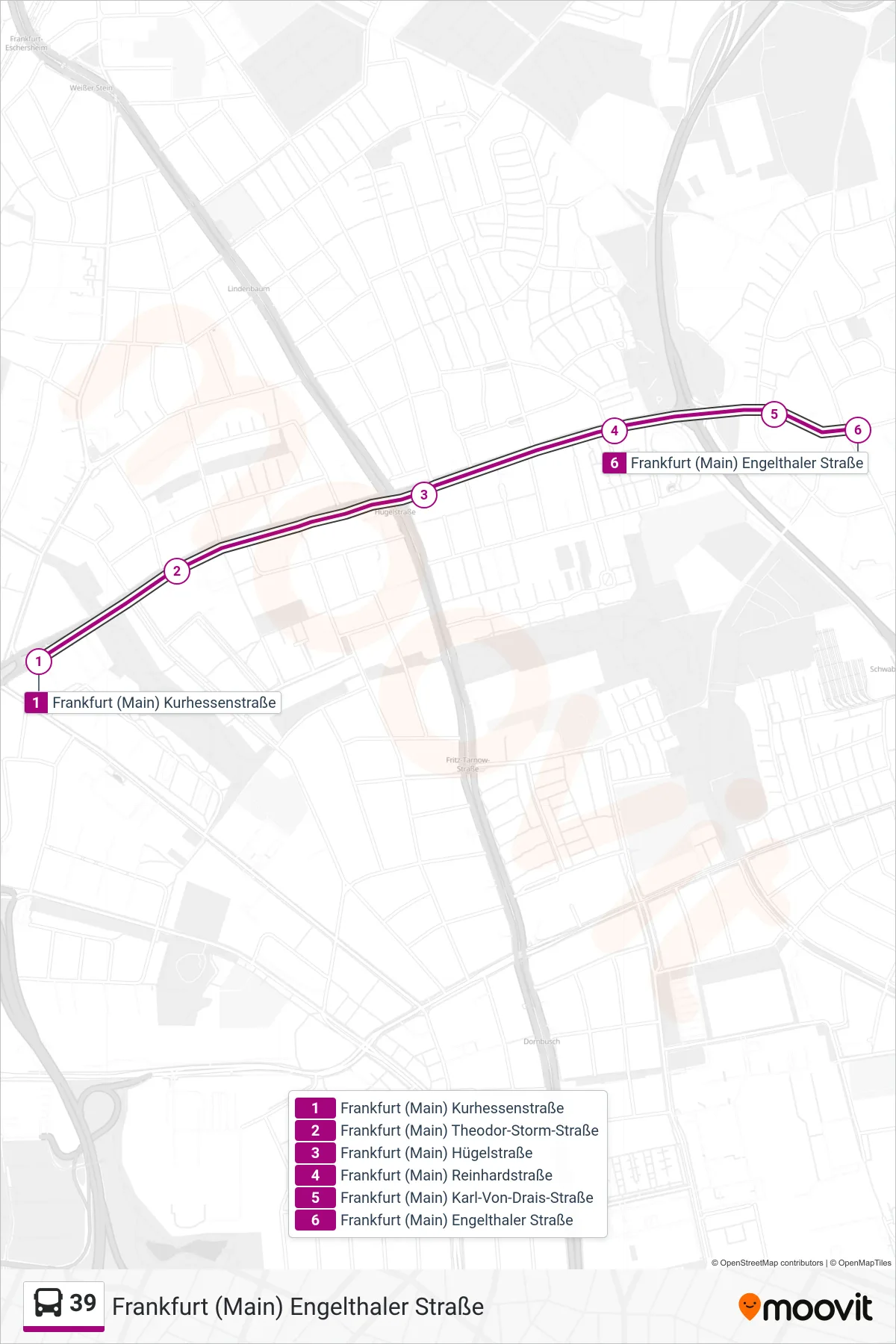 39 bus Line (Frankfurt (Main) Engelthaler Straße) route and stops on a map