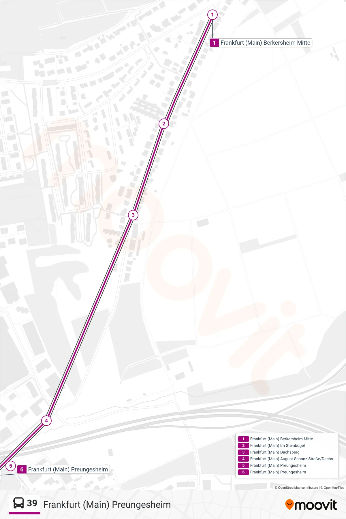 39 bus Line (Frankfurt (Main) Preungesheim) route and stops on a map