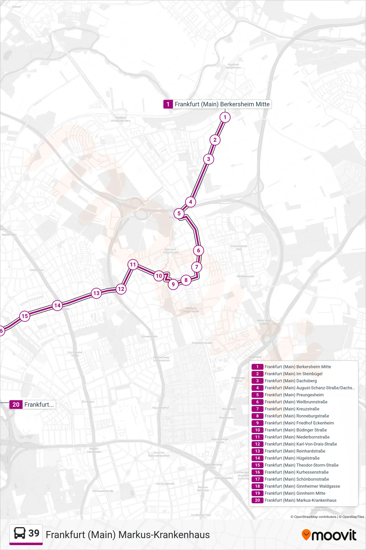 39 bus Line (Frankfurt (Main) Markus-Krankenhaus) route and stops on a map
