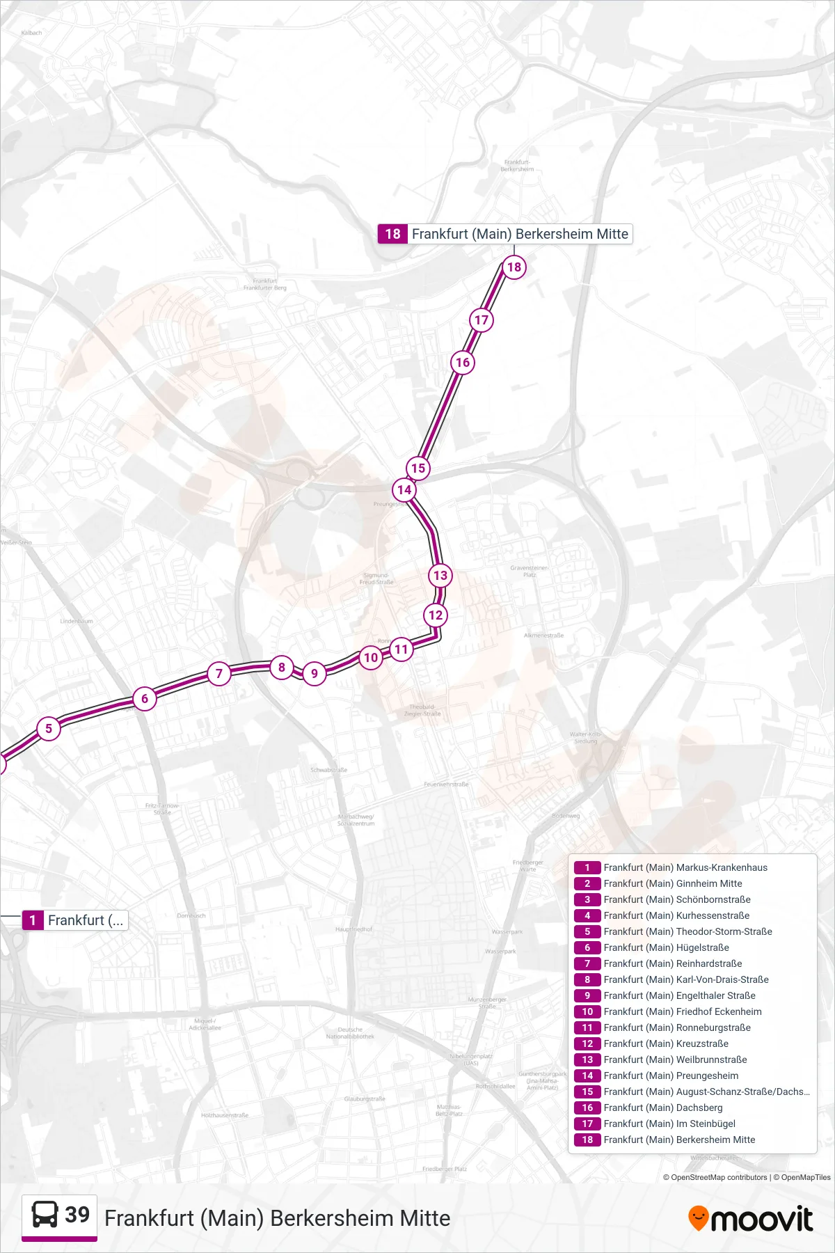 39 bus Line (Frankfurt (Main) Berkersheim Mitte) route and stops on a map
