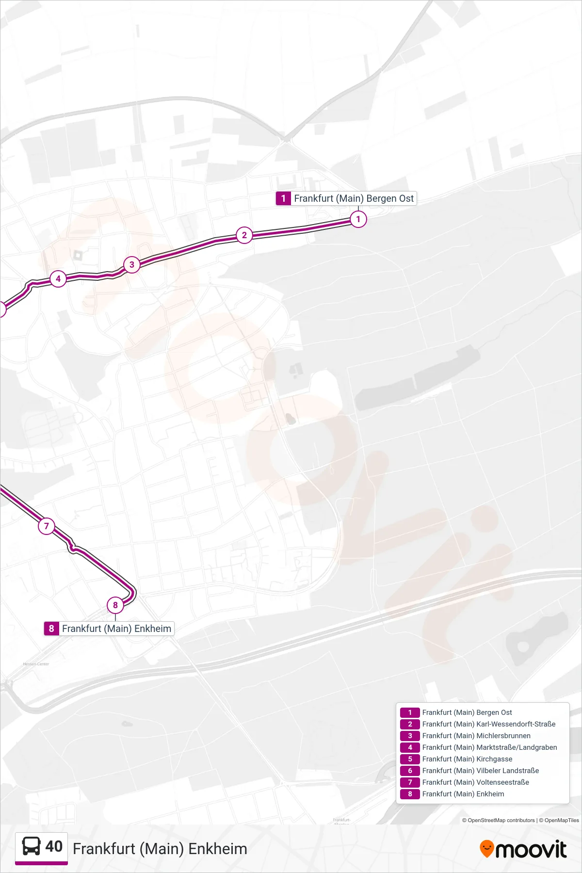 40 bus Line (Frankfurt (Main) Enkheim) route and stops on a map