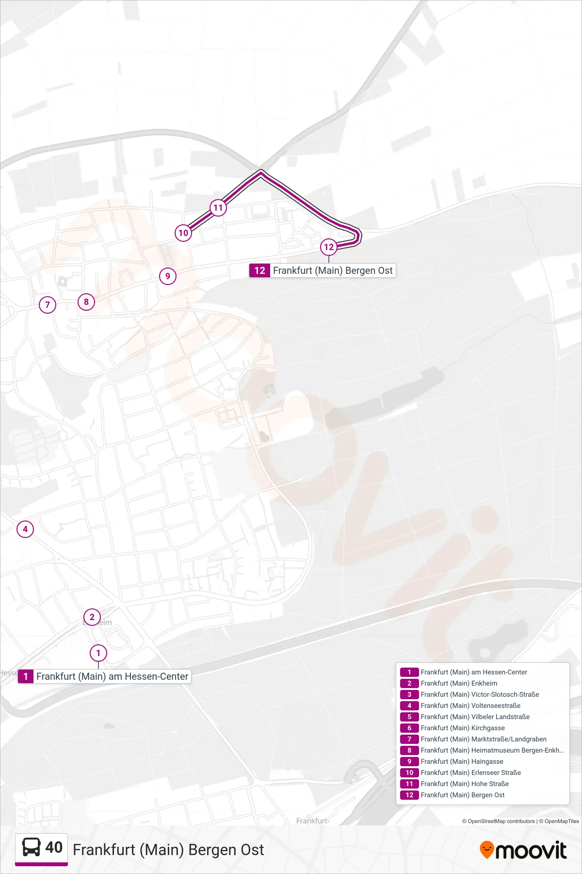 40 bus Line (Frankfurt (Main) Bergen Ost) route and stops on a map