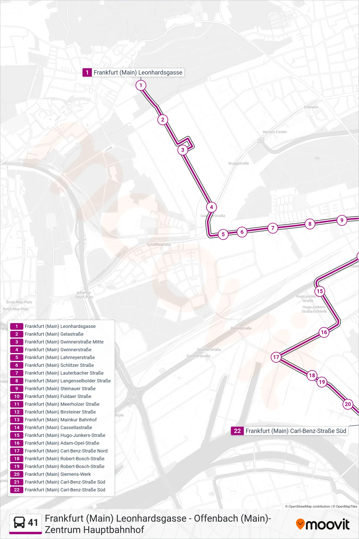 41 bus Line (Frankfurt (Main) Carl-Benz-Straße Süd) route and stops on a map