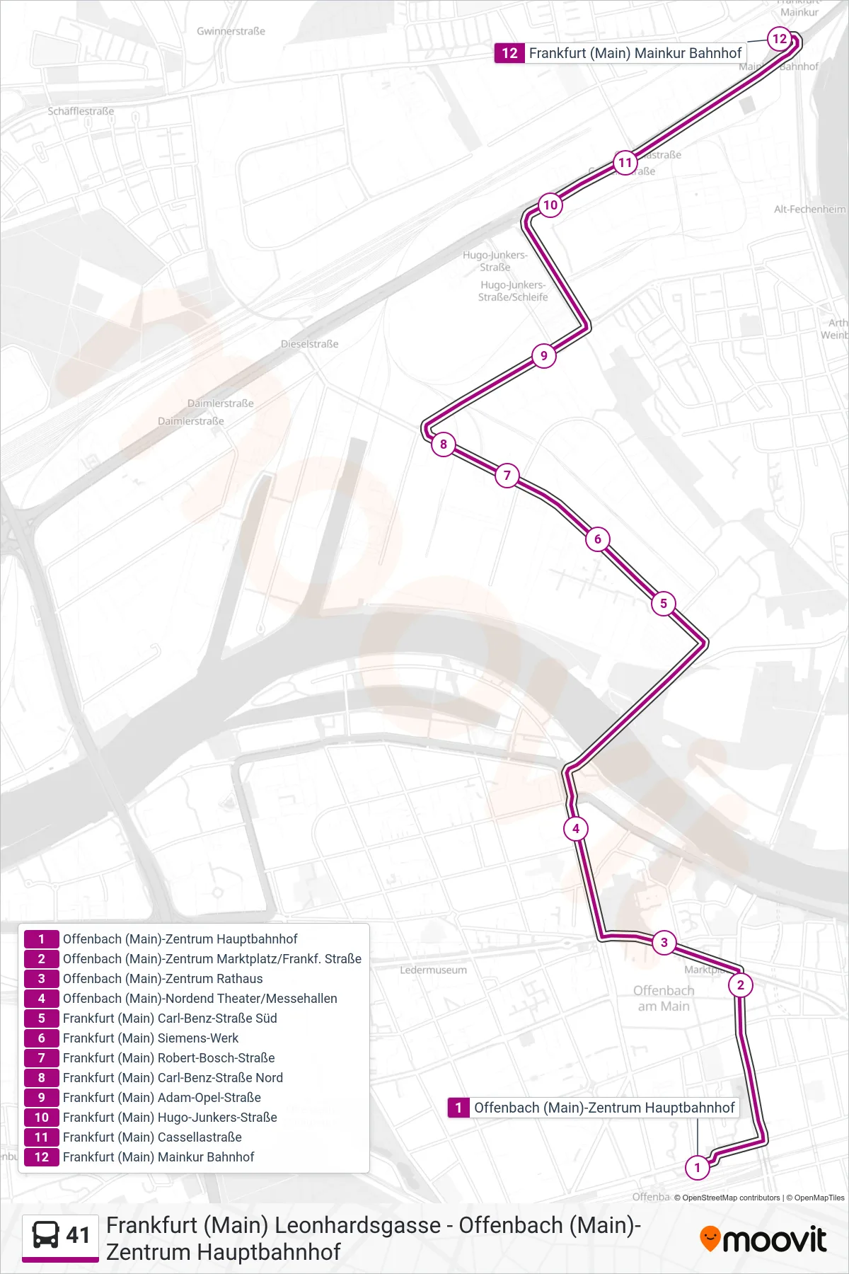 Linie 41 (Bus) Richtung Frankfurt (Main) Mainkur Bahnhof: Route und Haltestellen auf der Karte