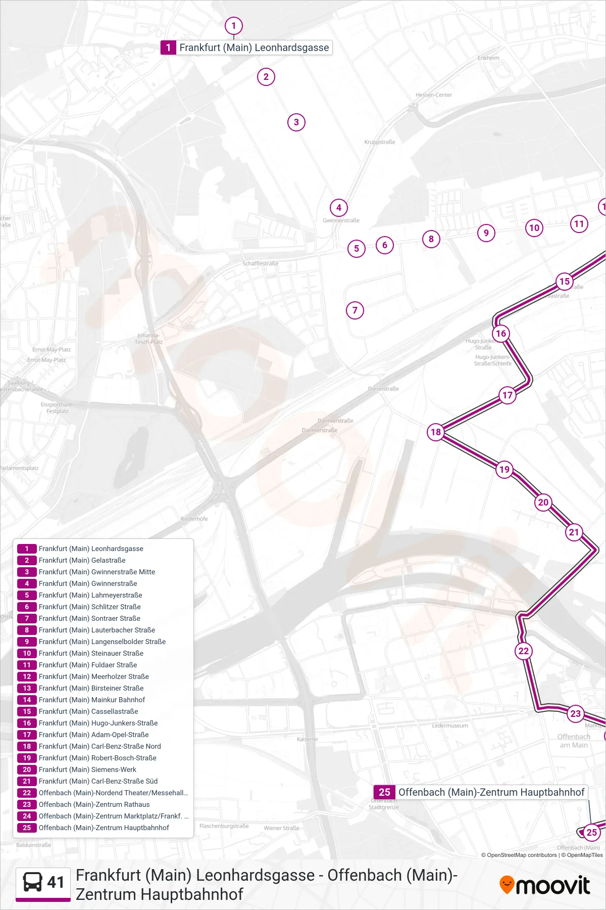 41 bus Line (Offenbach (Main)-Zentrum Hauptbahnhof) route and stops on a map