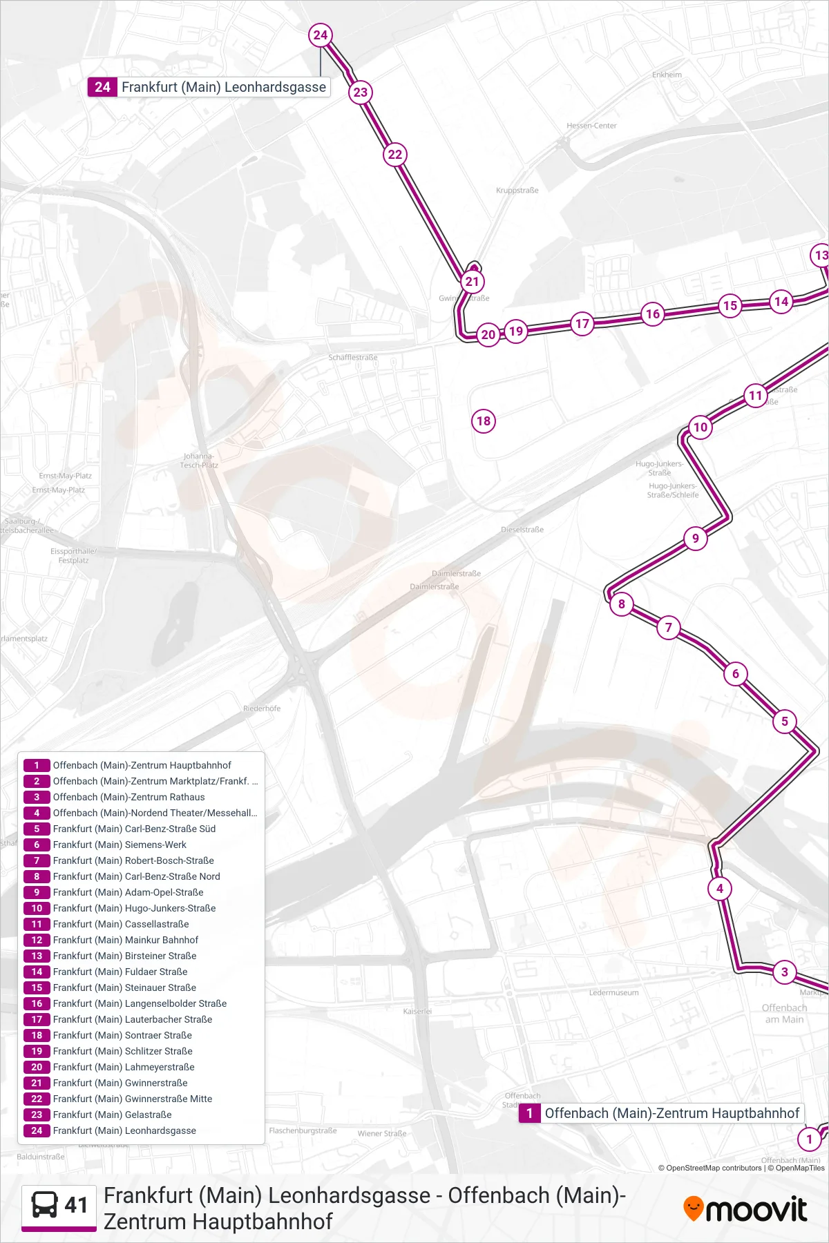 41 bus Line (Frankfurt (Main) Leonhardsgasse) route and stops on a map
