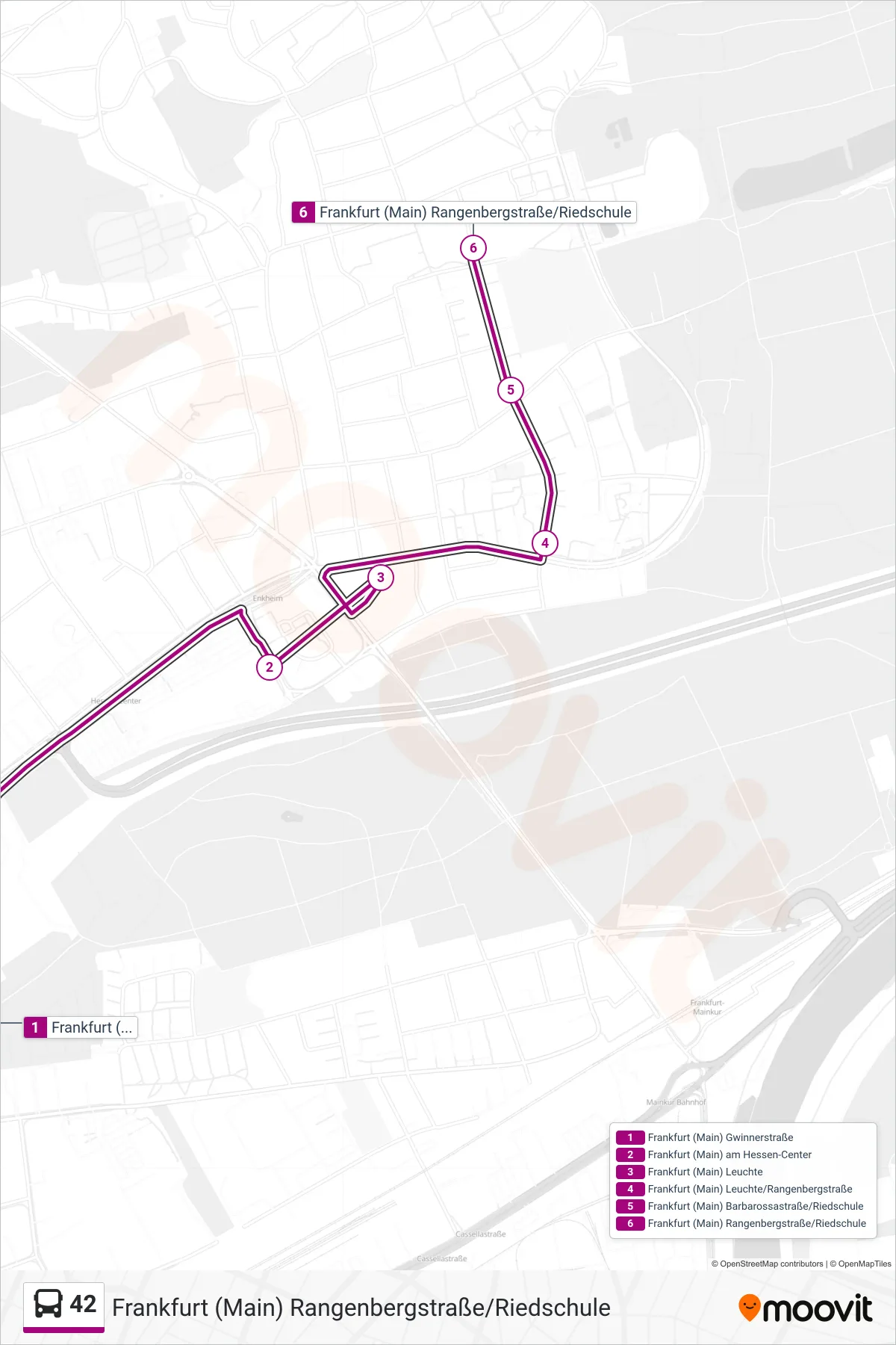 42 bus Line (Frankfurt (Main) Rangenbergstraße/Riedschule) route and stops on a map
