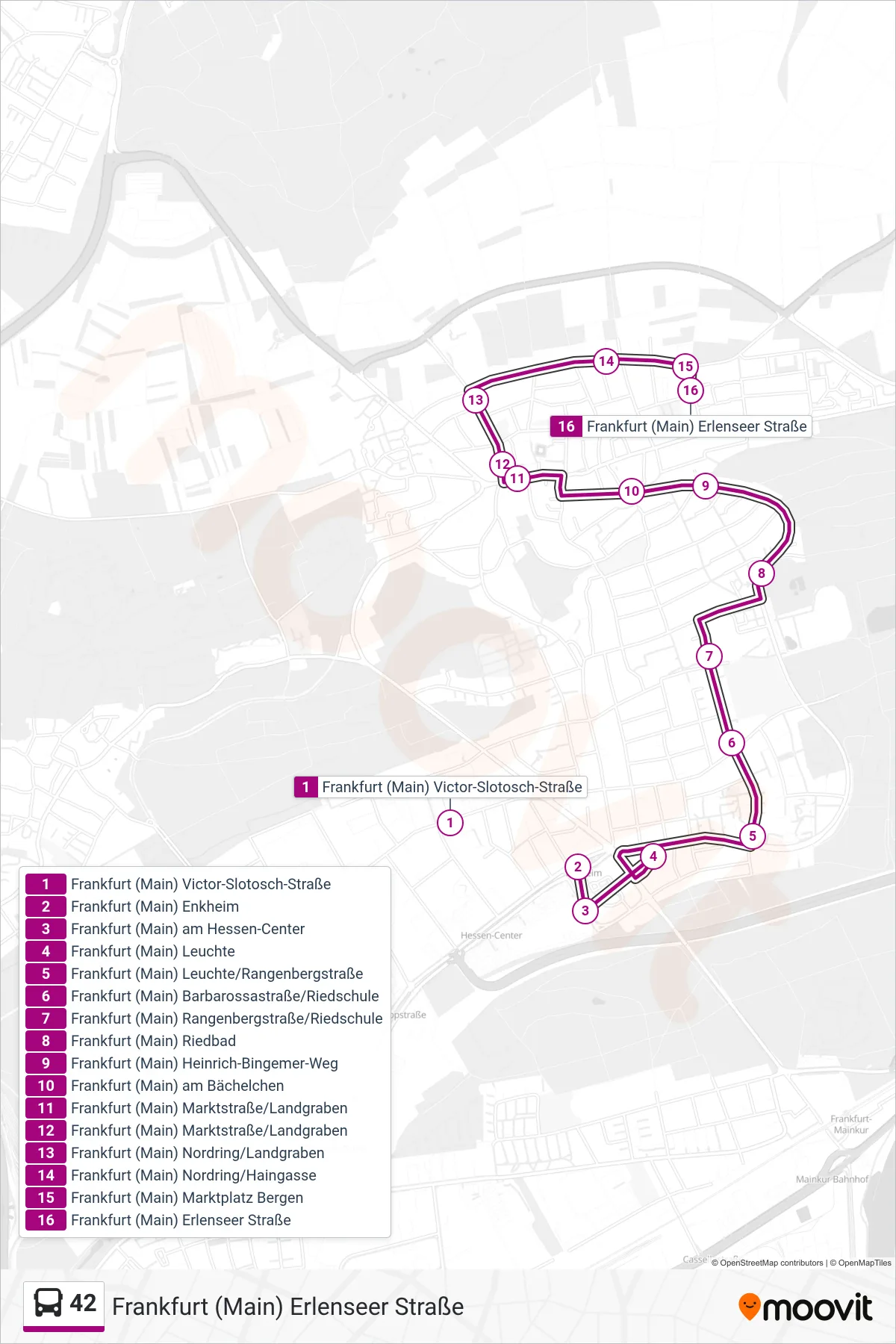 Linie 42 (Bus) Richtung Frankfurt (Main) Erlenseer Straße: Route und Haltestellen auf der Karte