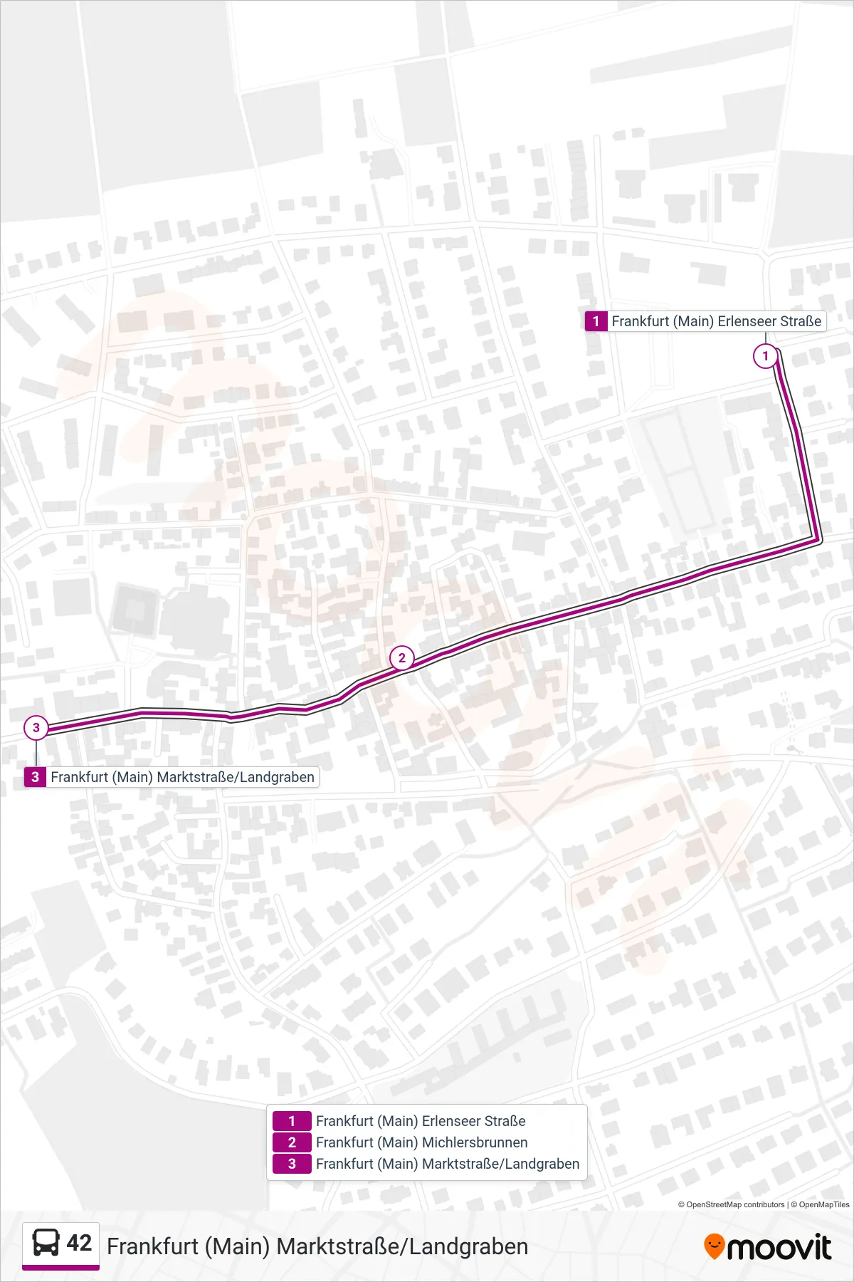 42 bus Line (Frankfurt (Main) Marktstraße/Landgraben) route and stops on a map