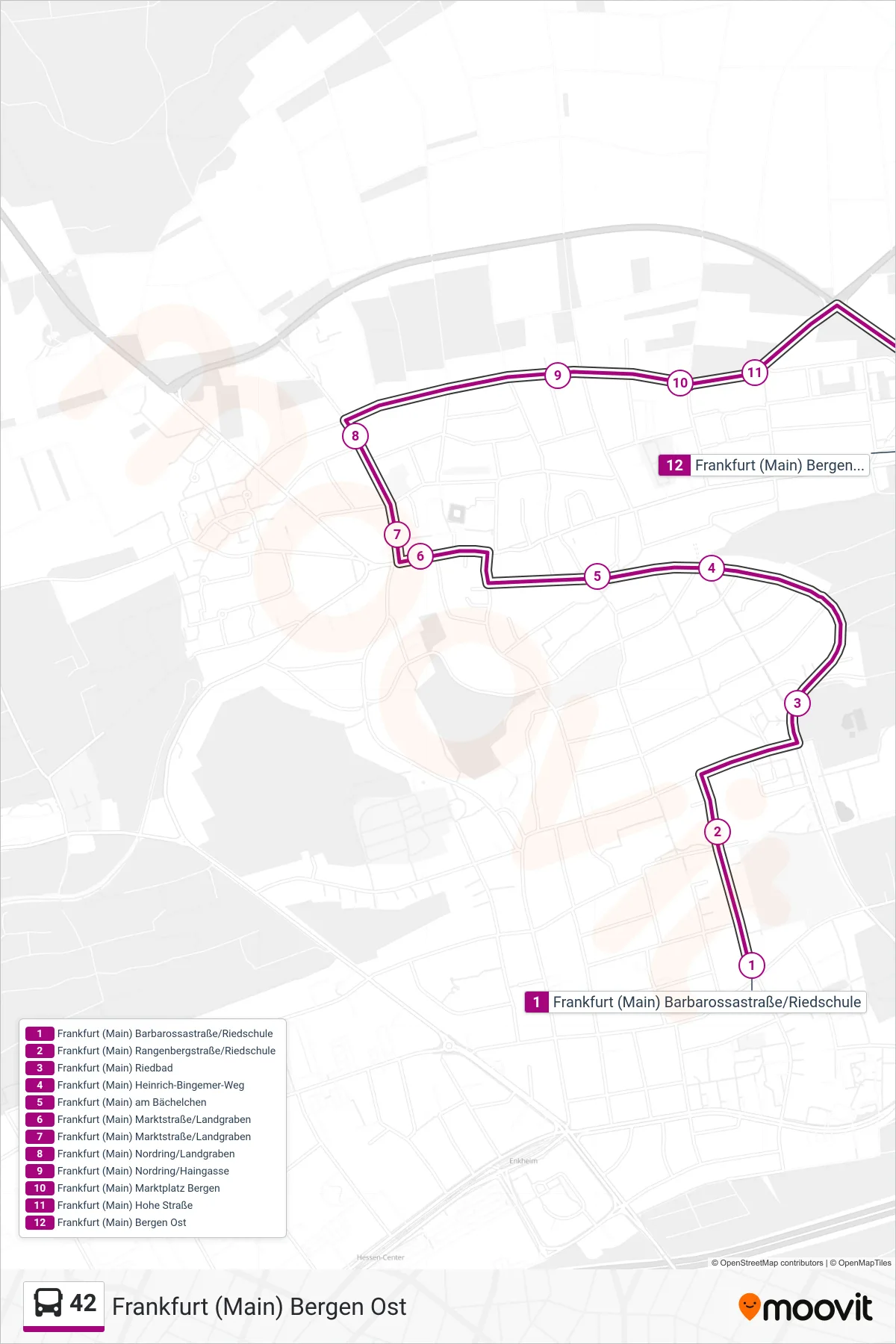 42 bus Line (Frankfurt (Main) Bergen Ost) route and stops on a map