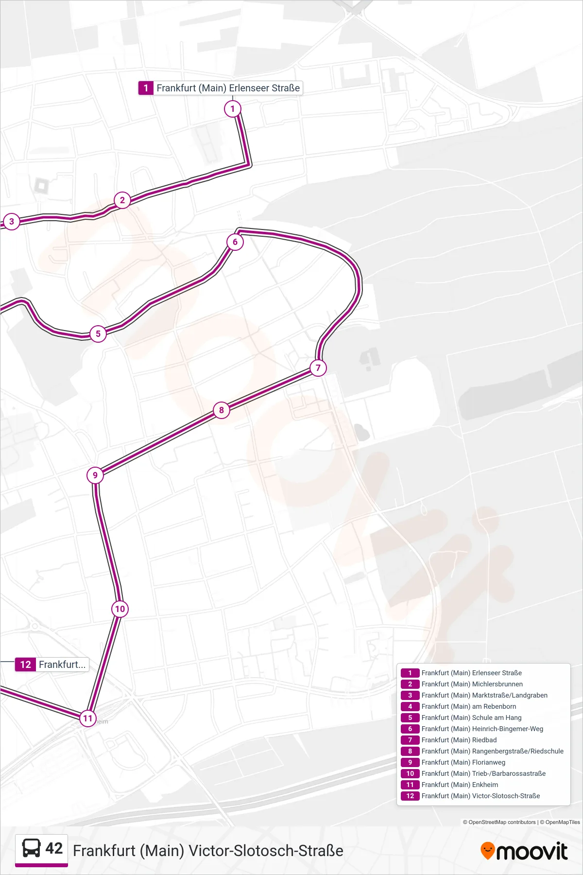 42 bus Line (Frankfurt (Main) Victor-Slotosch-Straße) route and stops on a map