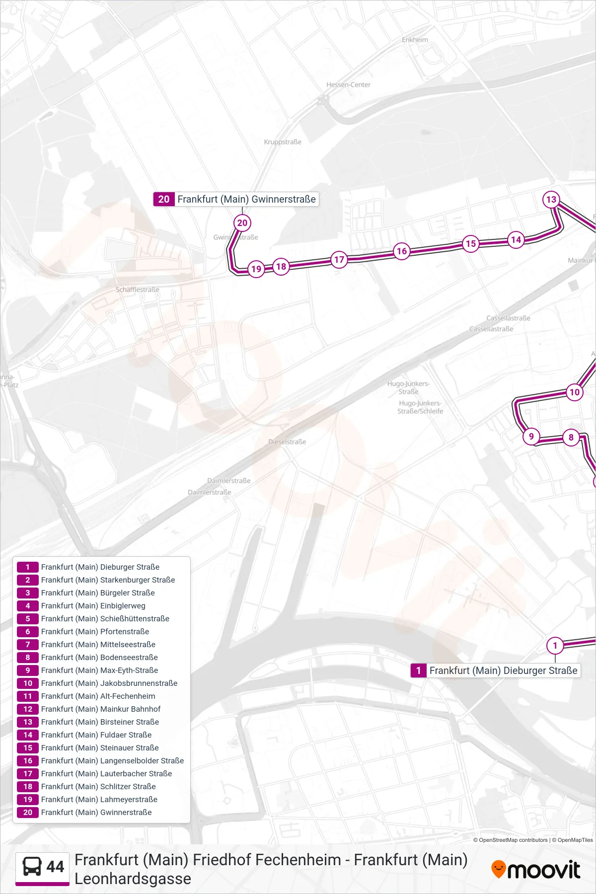 Linie 44 (Bus) Richtung Frankfurt (Main) Gwinnerstraße: Route und Haltestellen auf der Karte