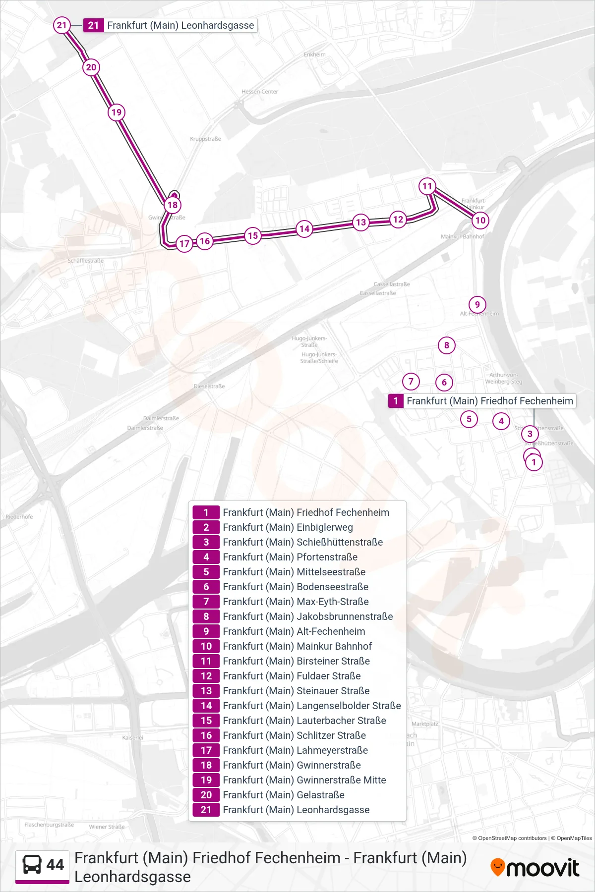 44 bus Line (Frankfurt (Main) Leonhardsgasse) route and stops on a map