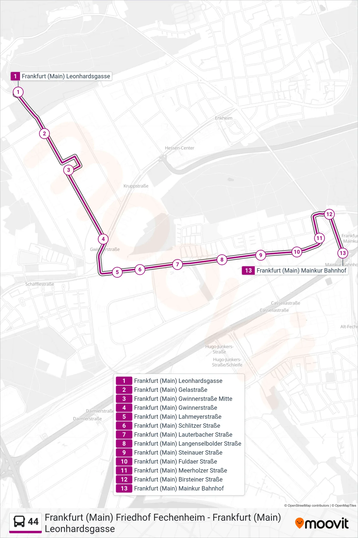 44 bus Line (Frankfurt (Main) Mainkur Bahnhof) route and stops on a map