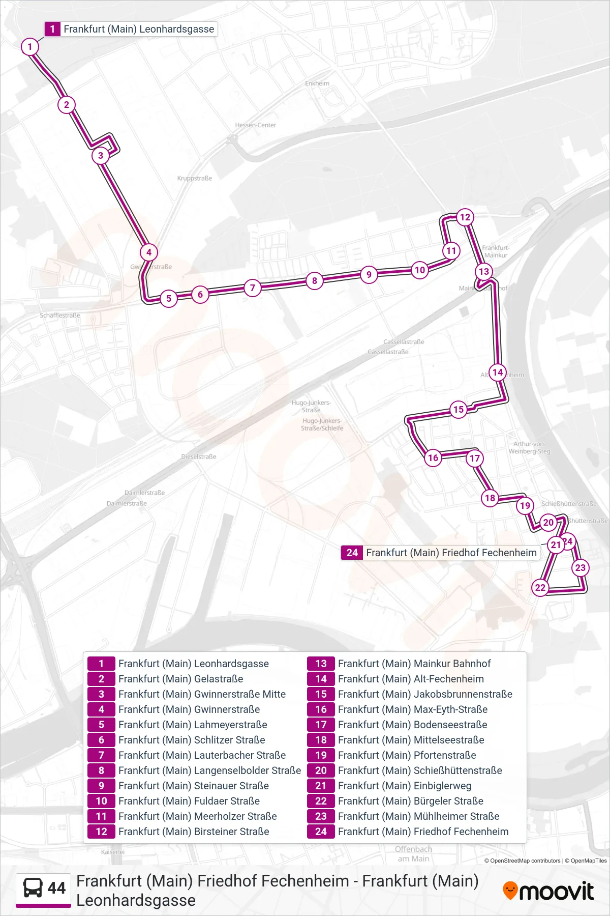 44 bus Line (Frankfurt (Main) Friedhof Fechenheim) route and stops on a map