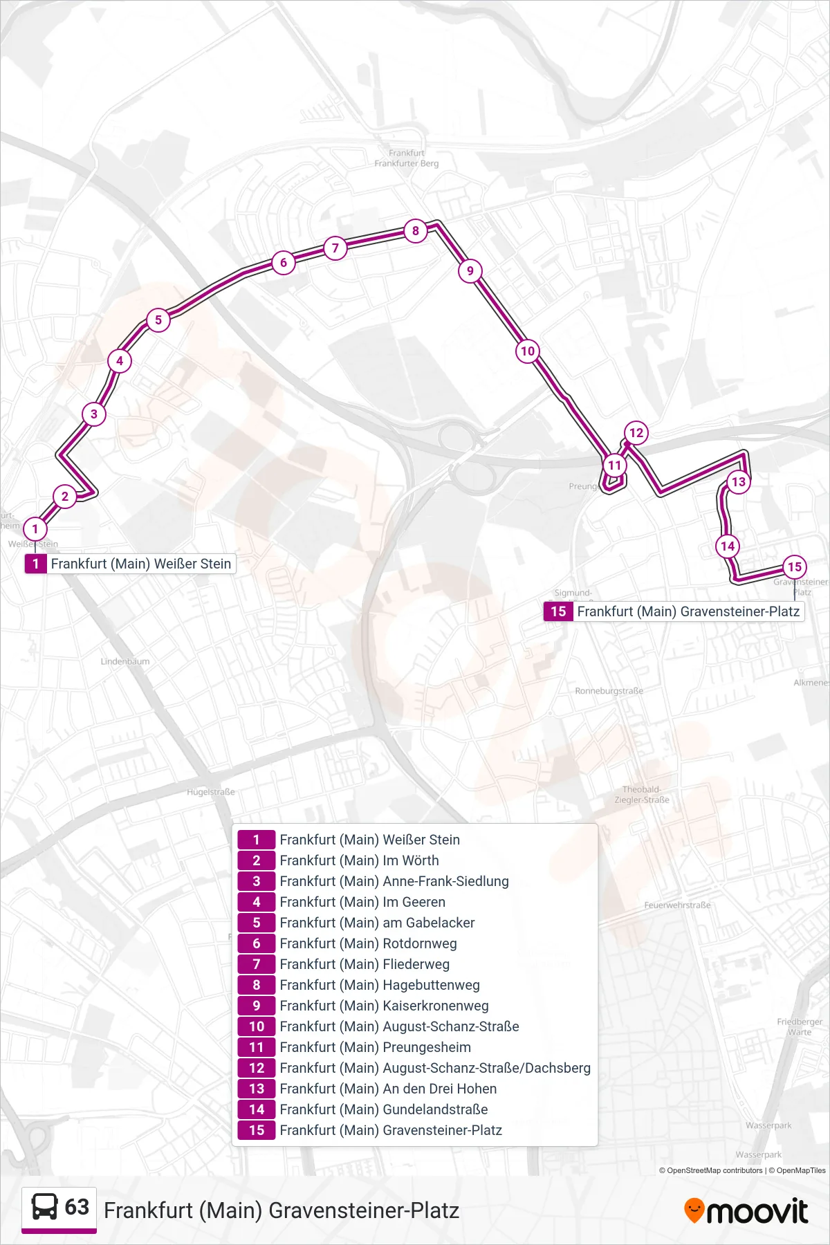 63 bus Line (Frankfurt (Main) Gravensteiner-Platz) route and stops on a map