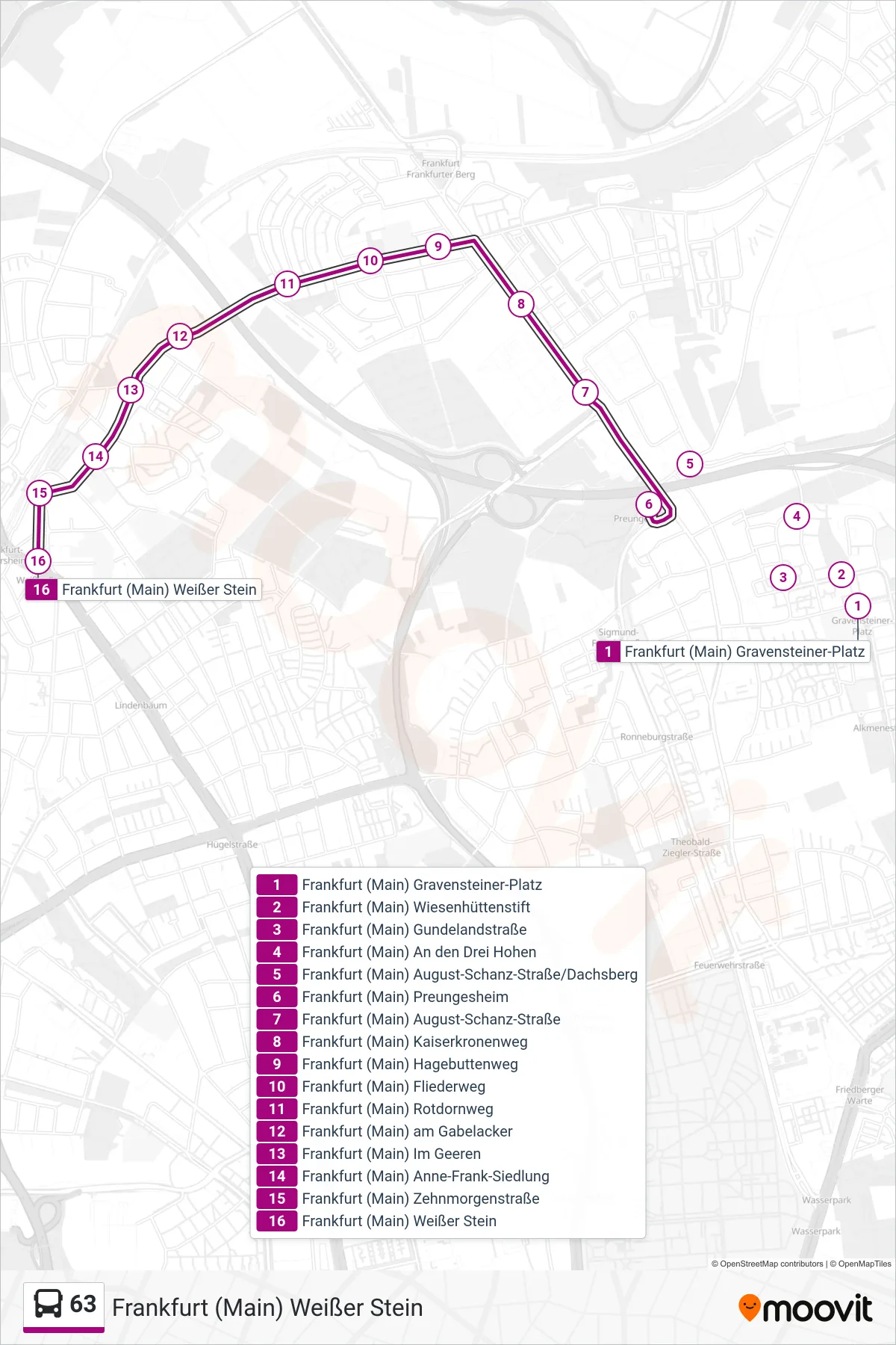 Linie 63 (Bus) Richtung Frankfurt (Main) Weißer Stein: Route und Haltestellen auf der Karte