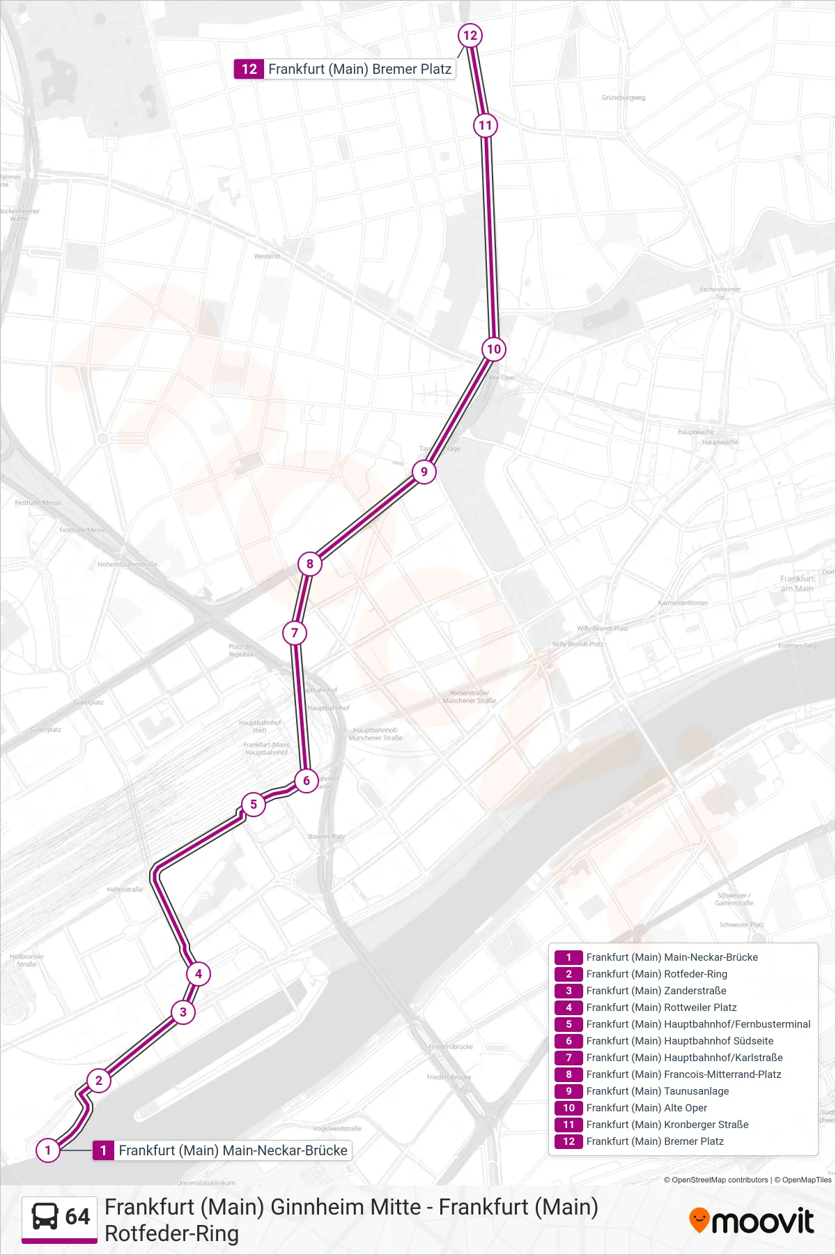 64 bus Line (Frankfurt (Main) Bremer Platz) route and stops on a map