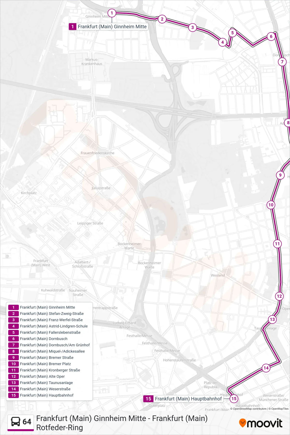Linie 64 (Bus) Richtung Frankfurt (Main) Hauptbahnhof: Route und Haltestellen auf der Karte