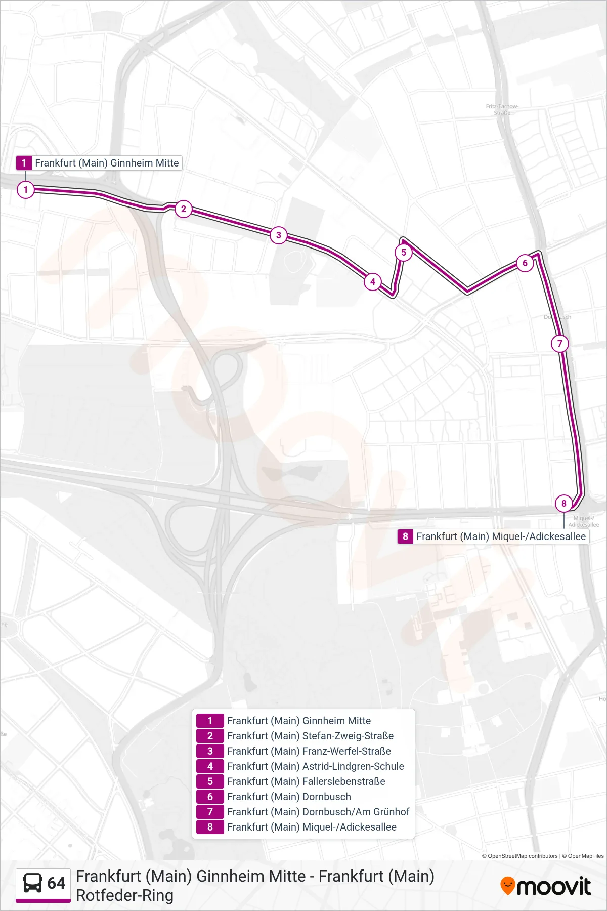 64 bus Line (Frankfurt (Main) Miquel-/Adickesallee) route and stops on a map