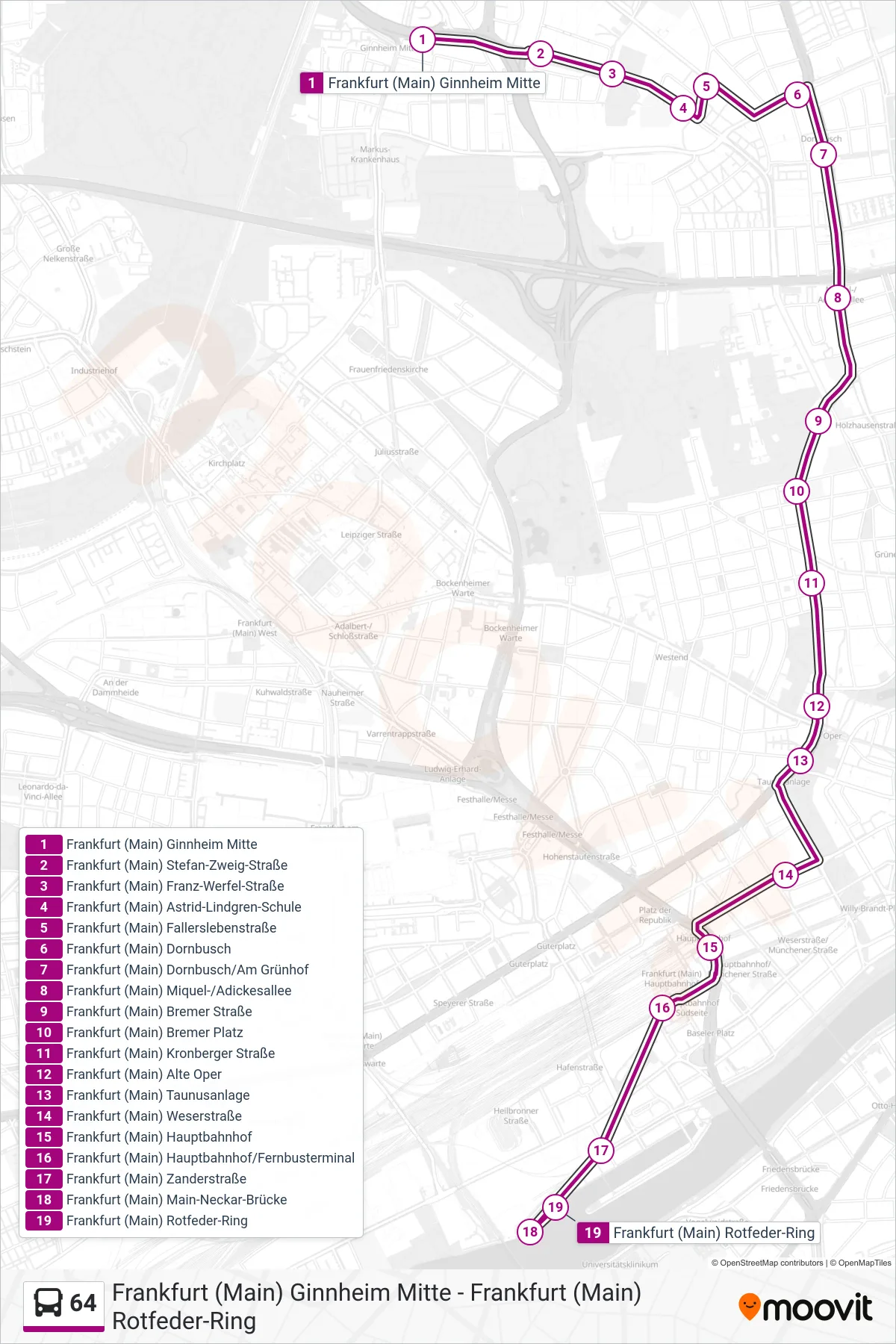 64 bus Line (Frankfurt (Main) Rotfeder-Ring) route and stops on a map