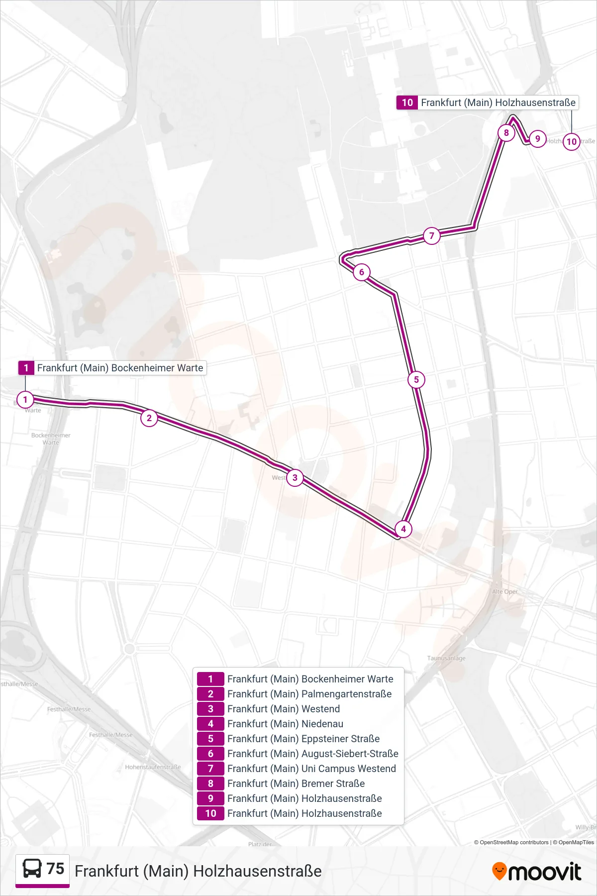 75 bus Line (Frankfurt (Main) Holzhausenstraße) route and stops on a map