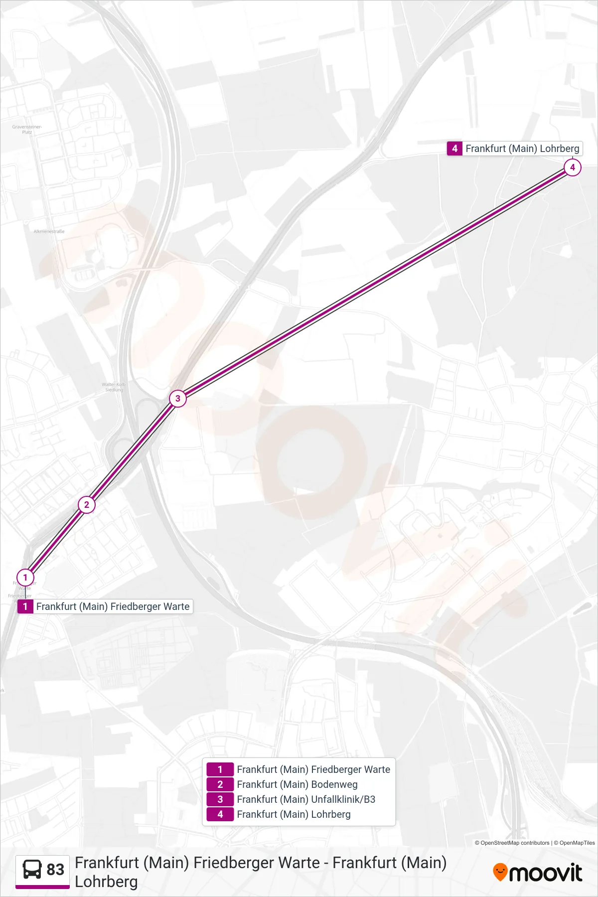 83 bus Line (Frankfurt (Main) Lohrberg) route and stops on a map