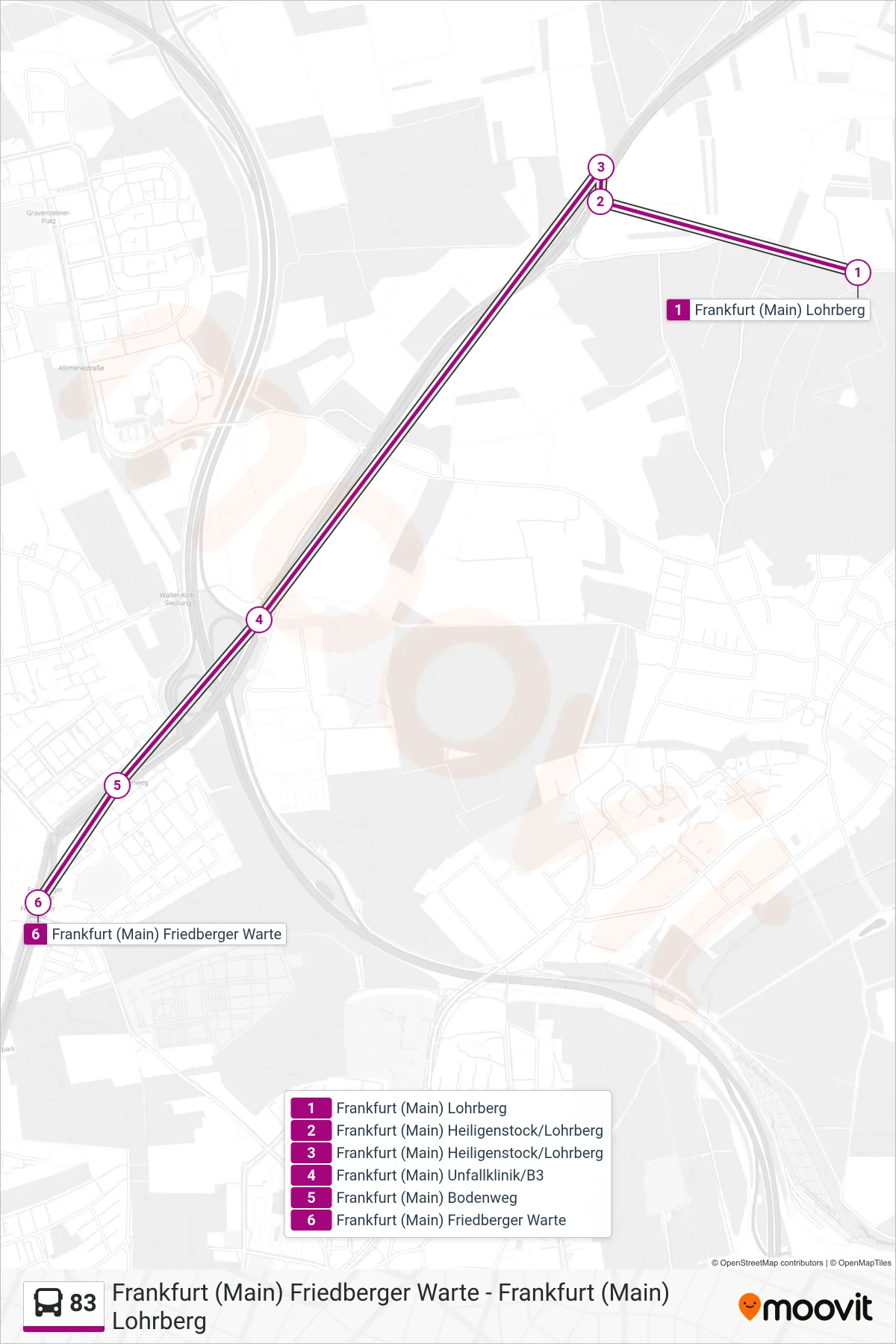 Linie 83 (Bus) Richtung Frankfurt (Main) Friedberger Warte: Route und Haltestellen auf der Karte