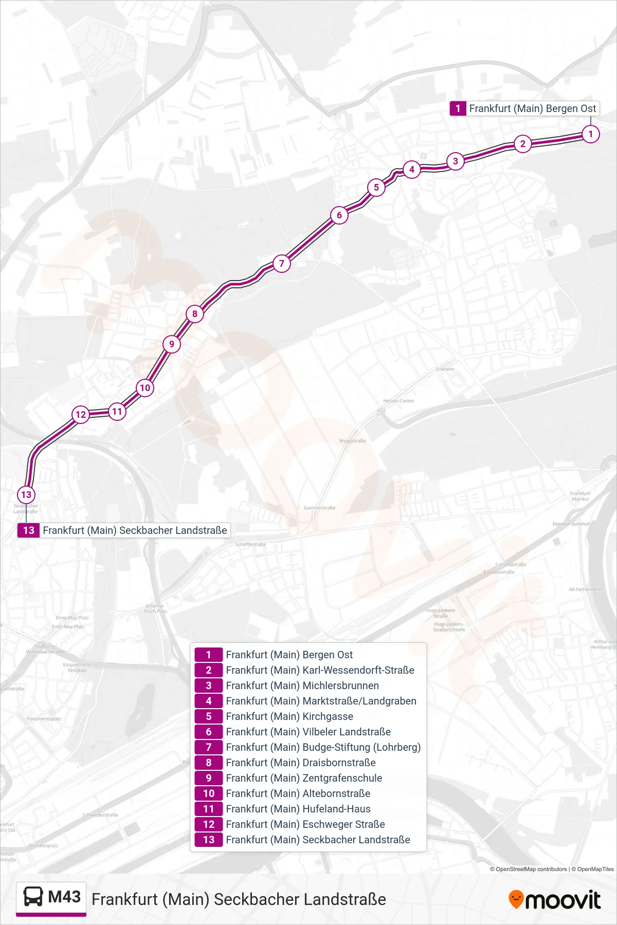 Linie M43 (Bus) Richtung Frankfurt (Main) Seckbacher Landstraße: Route und Haltestellen auf der Karte