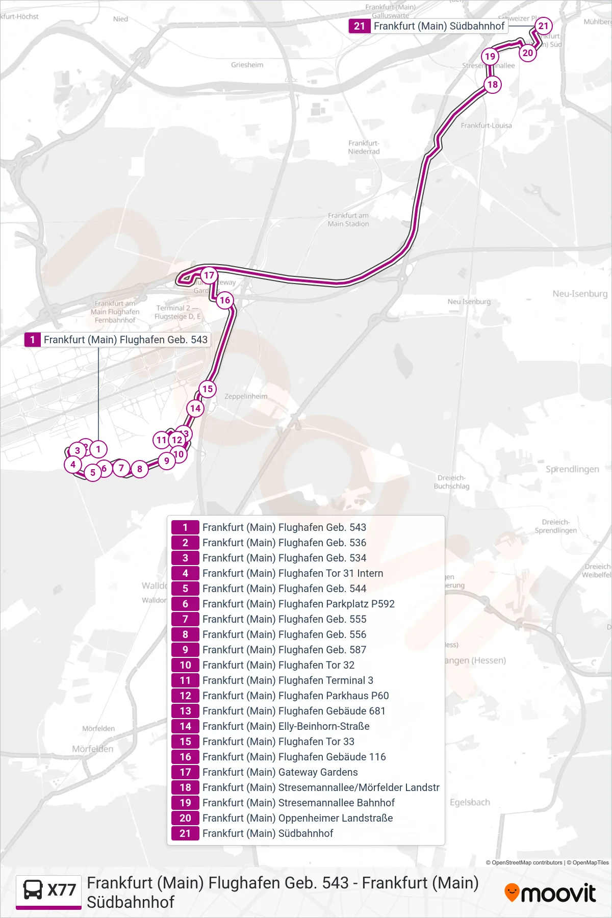 X77 bus Line (Frankfurt (Main) Südbahnhof) route and stops on a map