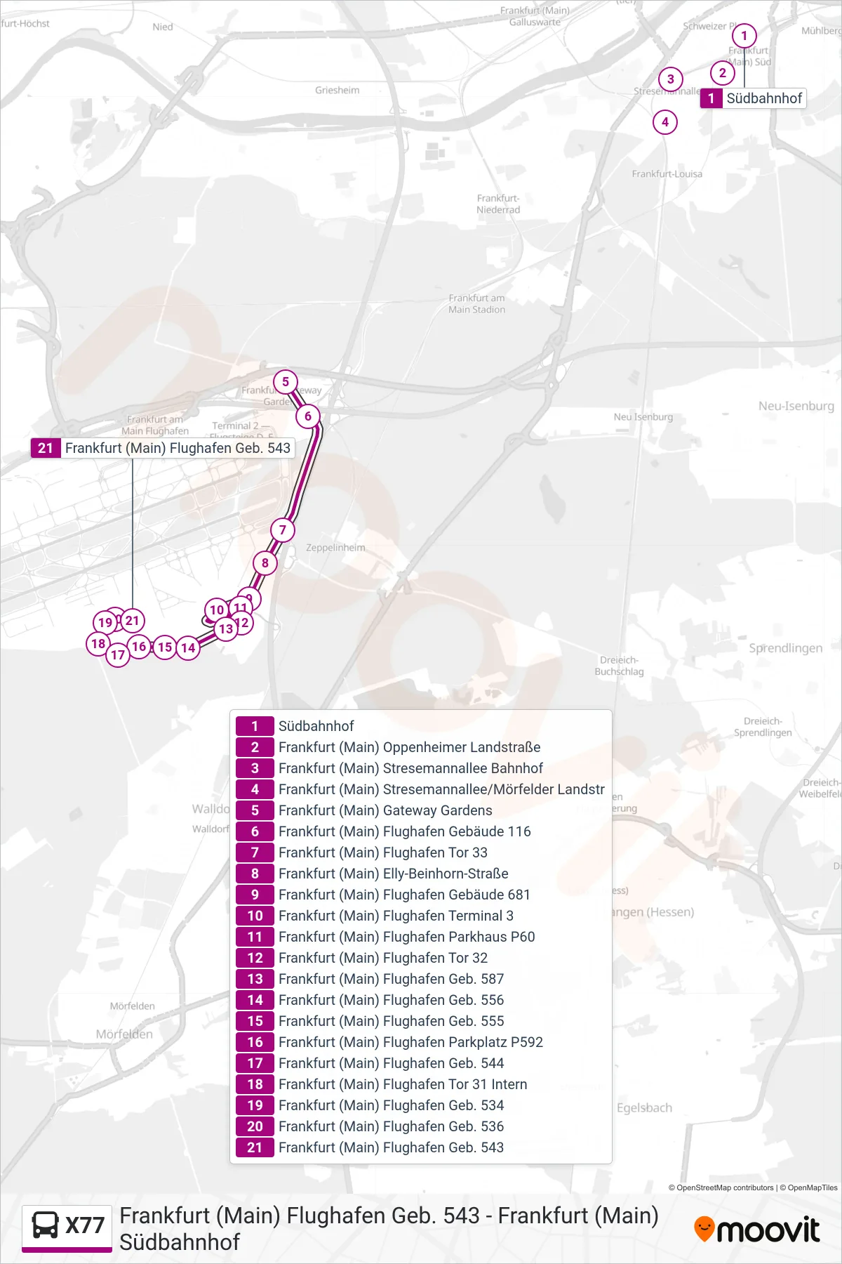 Linie X77 (Bus) Richtung Frankfurt (Main) Flughafen Geb. 543: Route und Haltestellen auf der Karte