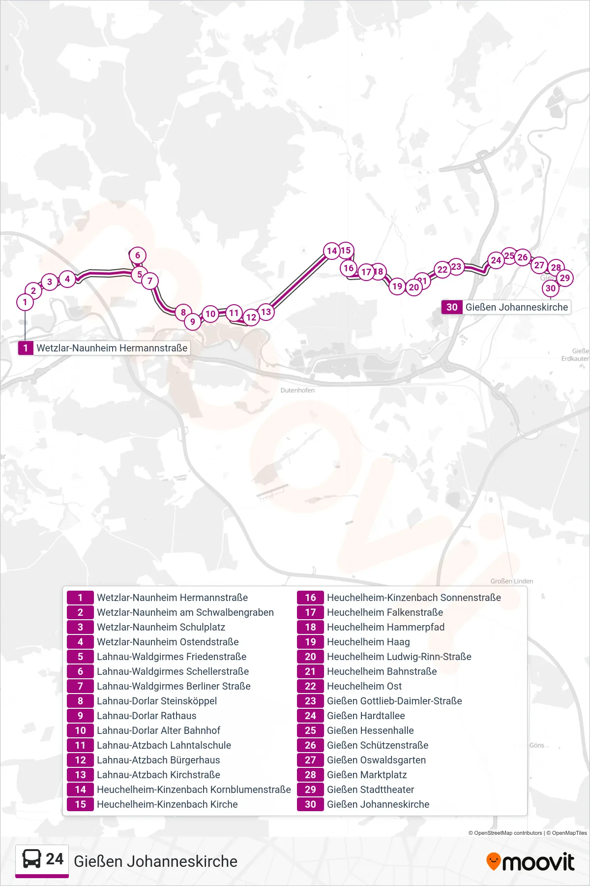 Linie 24 (Bus) Richtung Gießen Johanneskirche: Route und Haltestellen auf der Karte