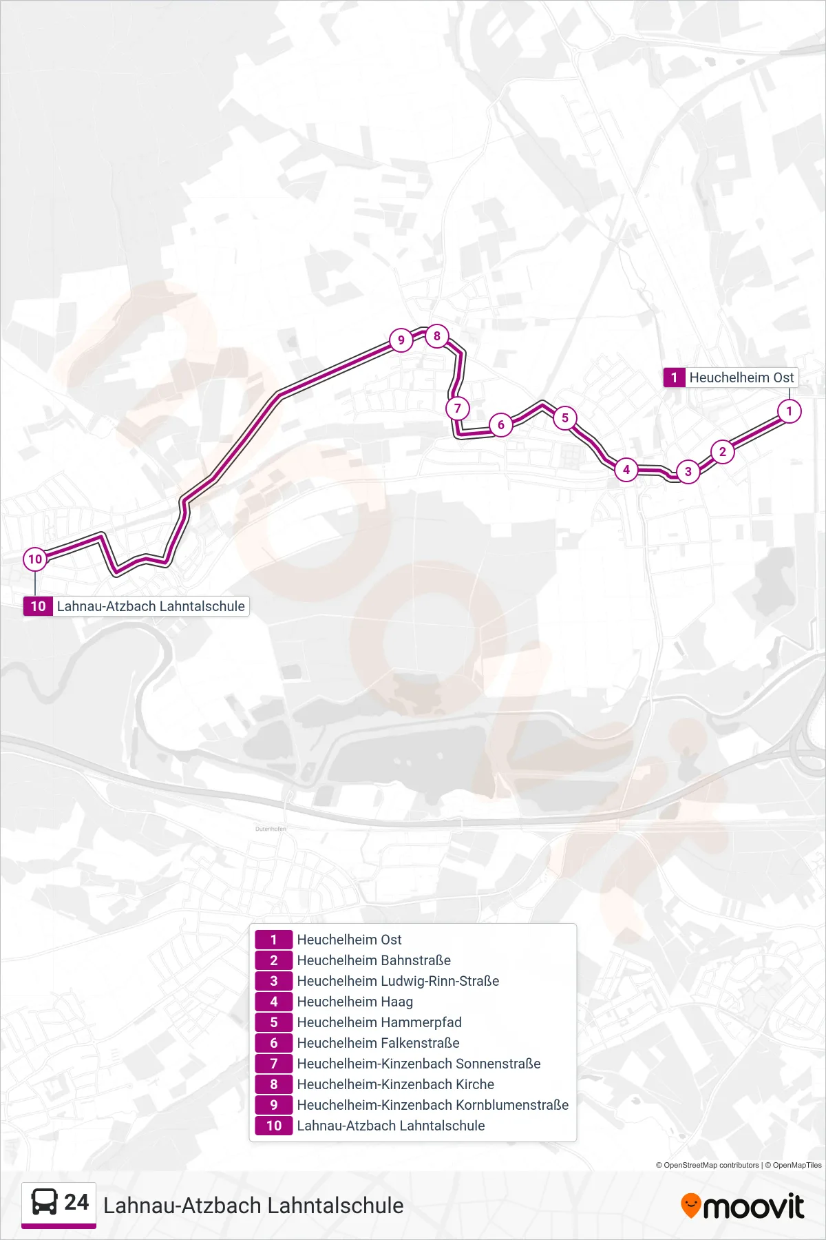 24 bus Line (Lahnau-Atzbach Lahntalschule) route and stops on a map