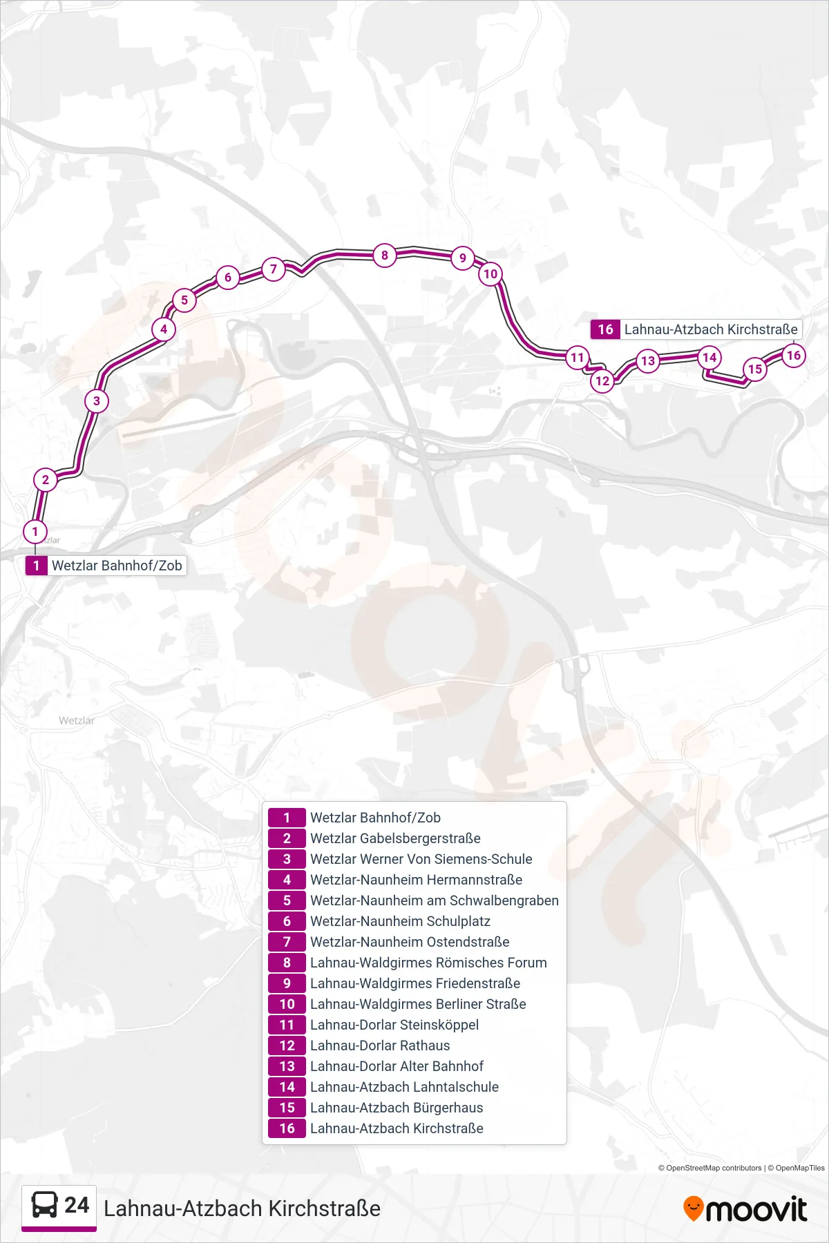 24 bus Line (Lahnau-Atzbach Kirchstraße) route and stops on a map