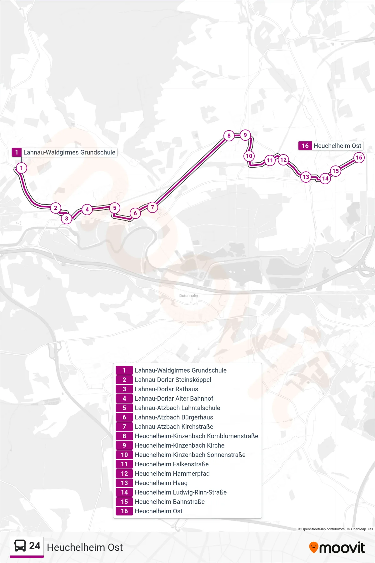24 bus Line (Heuchelheim Ost) route and stops on a map