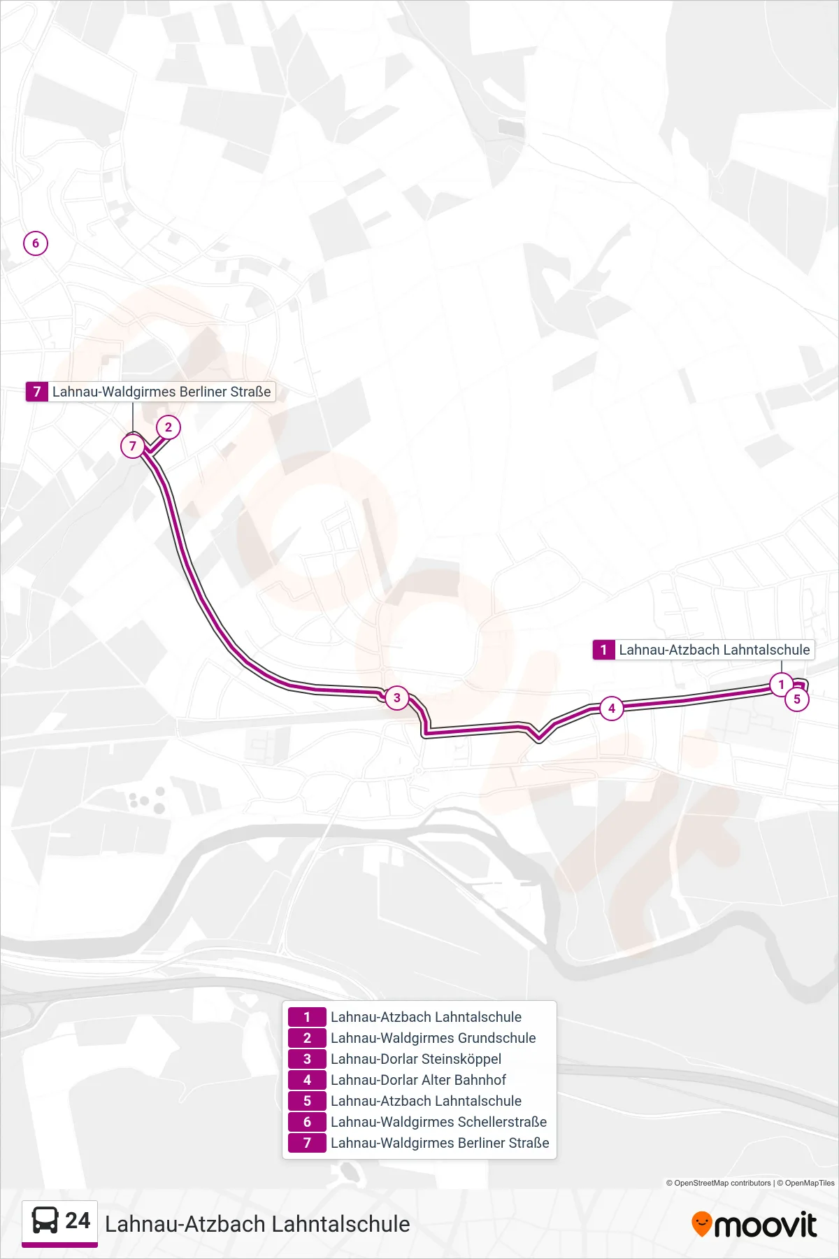 24 bus Line (Lahnau-Atzbach Lahntalschule) route and stops on a map