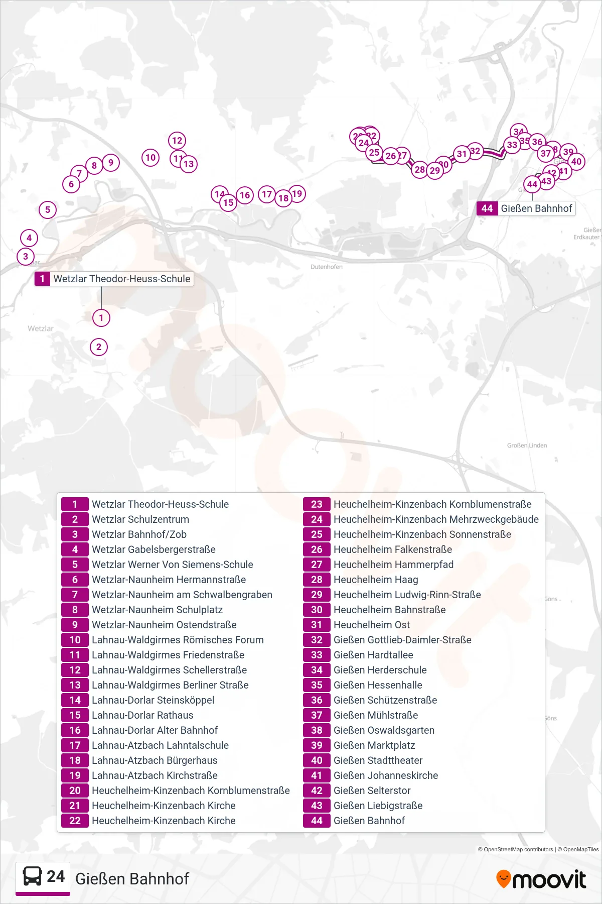24 bus Line (Gießen Bahnhof) route and stops on a map