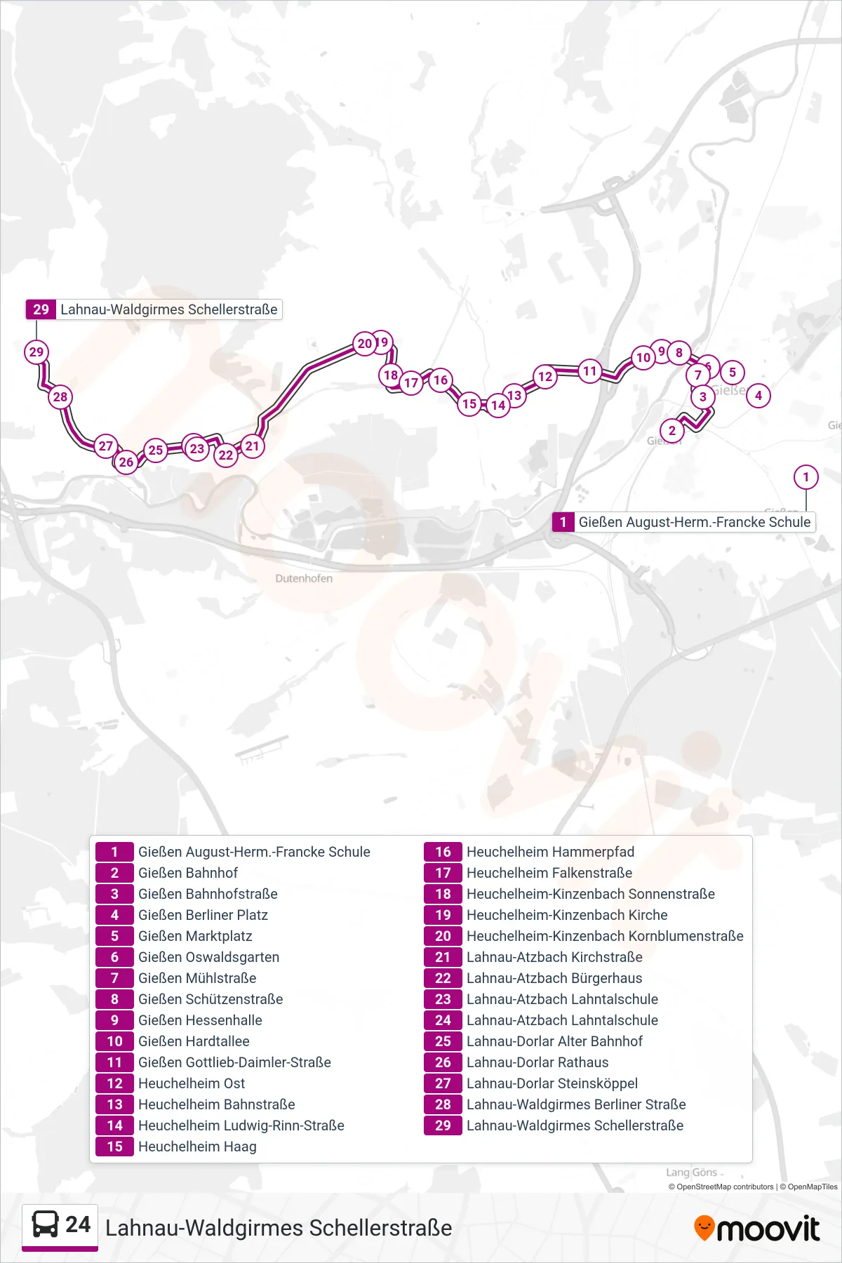 24 bus Line (Lahnau-Waldgirmes Schellerstraße) route and stops on a map