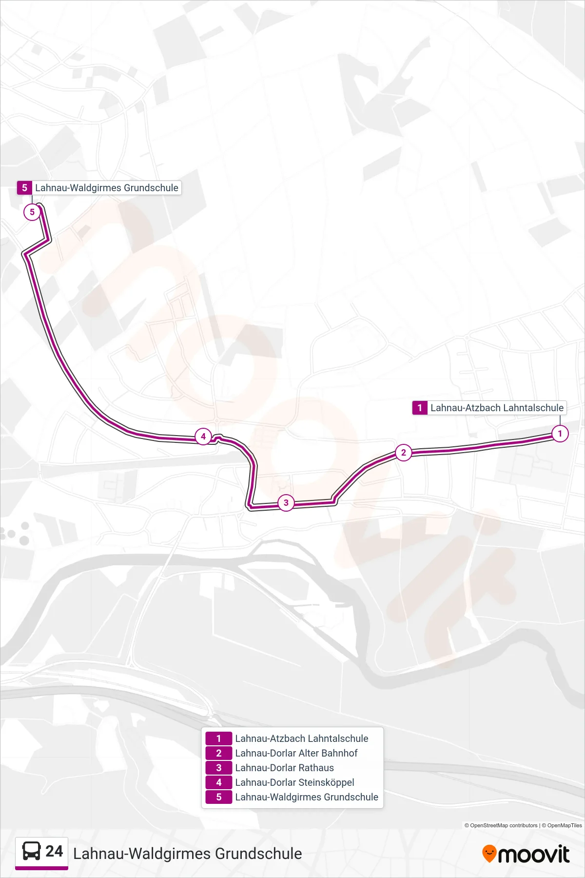24 bus Line (Lahnau-Waldgirmes Grundschule) route and stops on a map