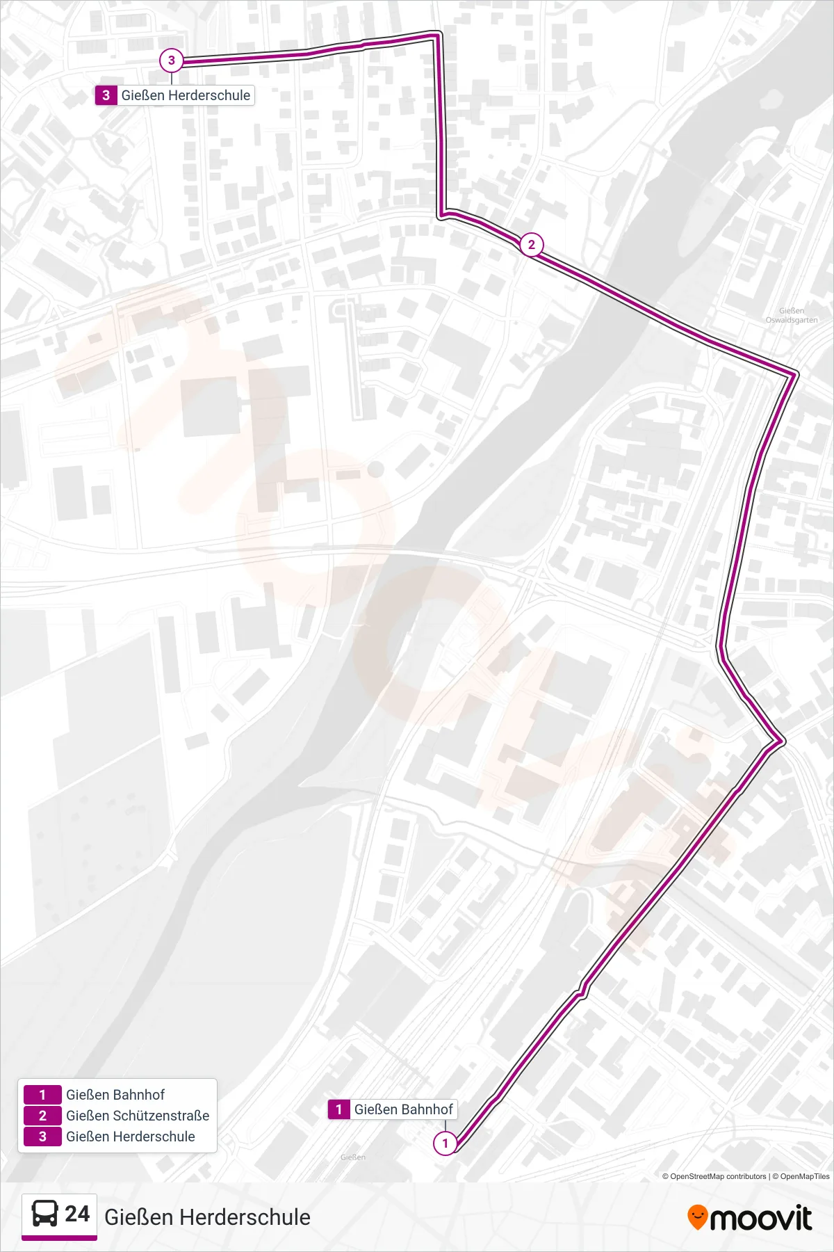 24 bus Line (Gießen Herderschule) route and stops on a map