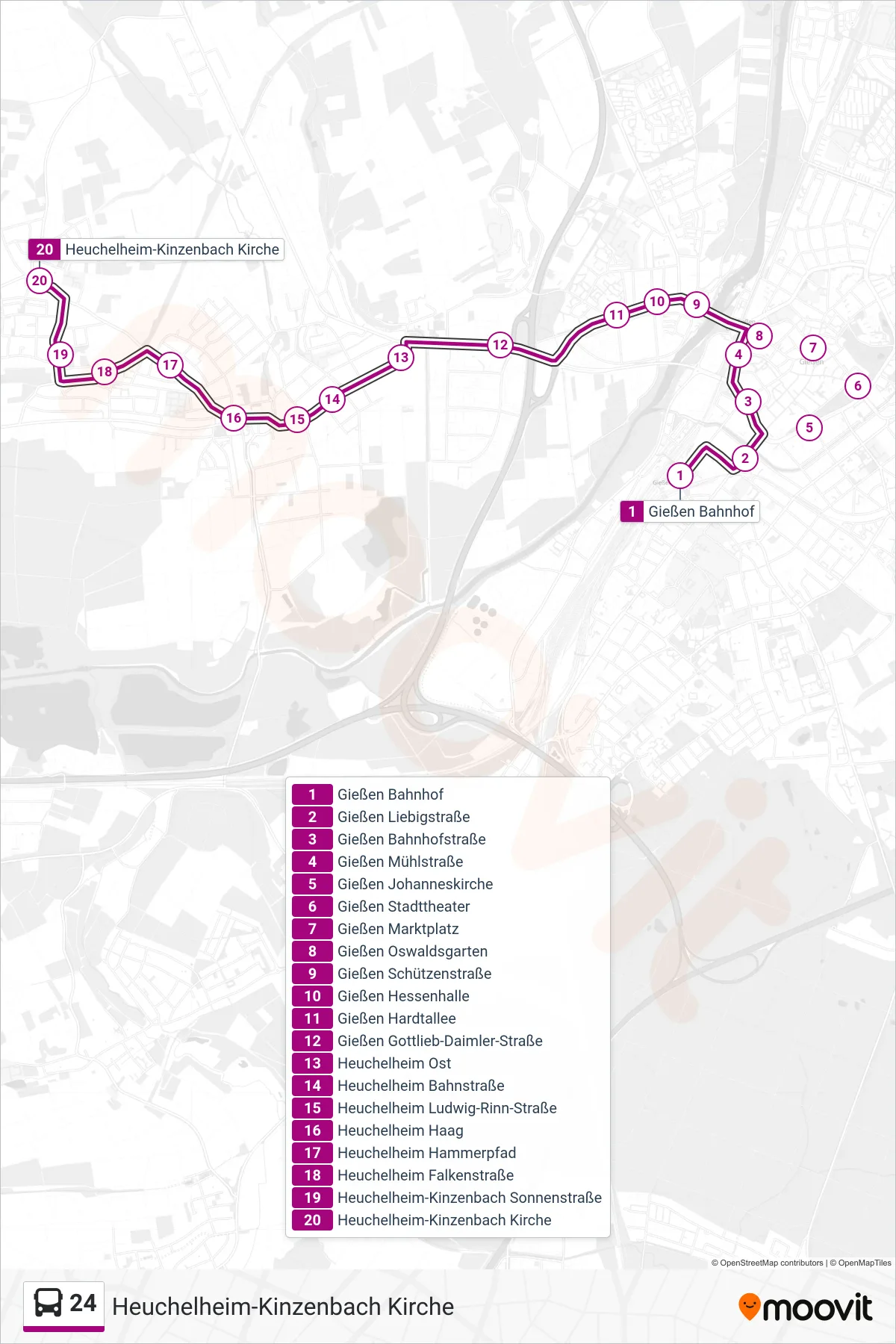 24 bus Line (Heuchelheim-Kinzenbach Kirche) route and stops on a map