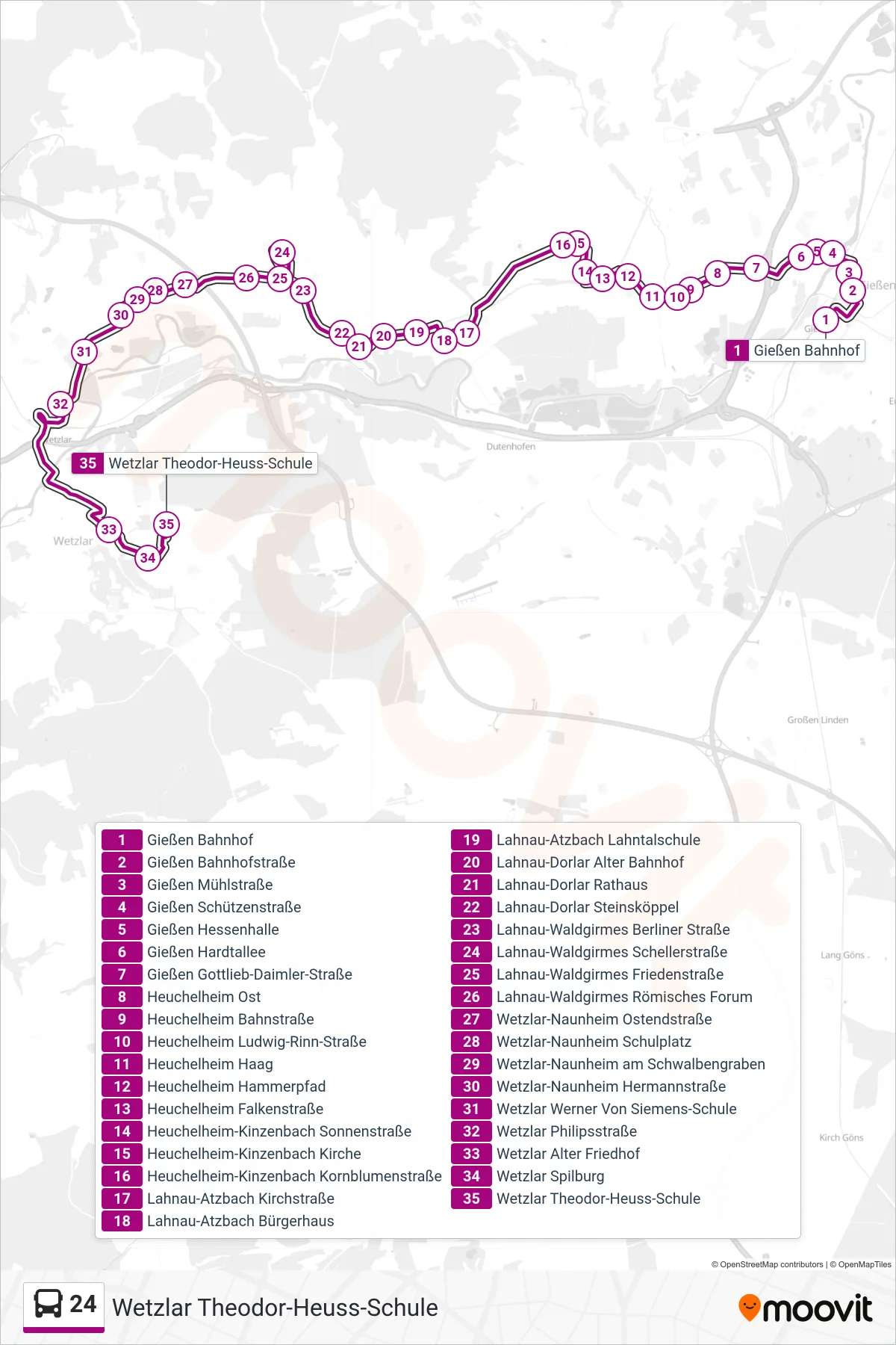 24 bus Line (Wetzlar Theodor-Heuss-Schule) route and stops on a map